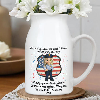 Her Soul Is Fierce, Her Heart Is Brave, And Her Mind Is Strong, American Flag And Police Uniform - Personalized Ceramic Flower Vase
