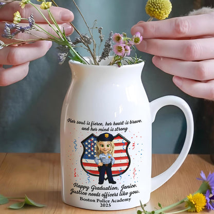 Her Soul Is Fierce, Her Heart Is Brave, And Her Mind Is Strong, American Flag And Police Uniform - Personalized Ceramic Flower Vase
