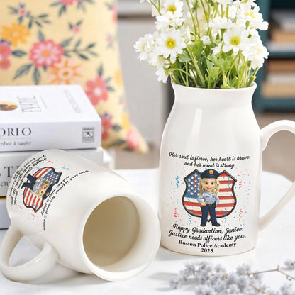 Her Soul Is Fierce, Her Heart Is Brave, And Her Mind Is Strong, American Flag And Police Uniform - Personalized Ceramic Flower Vase