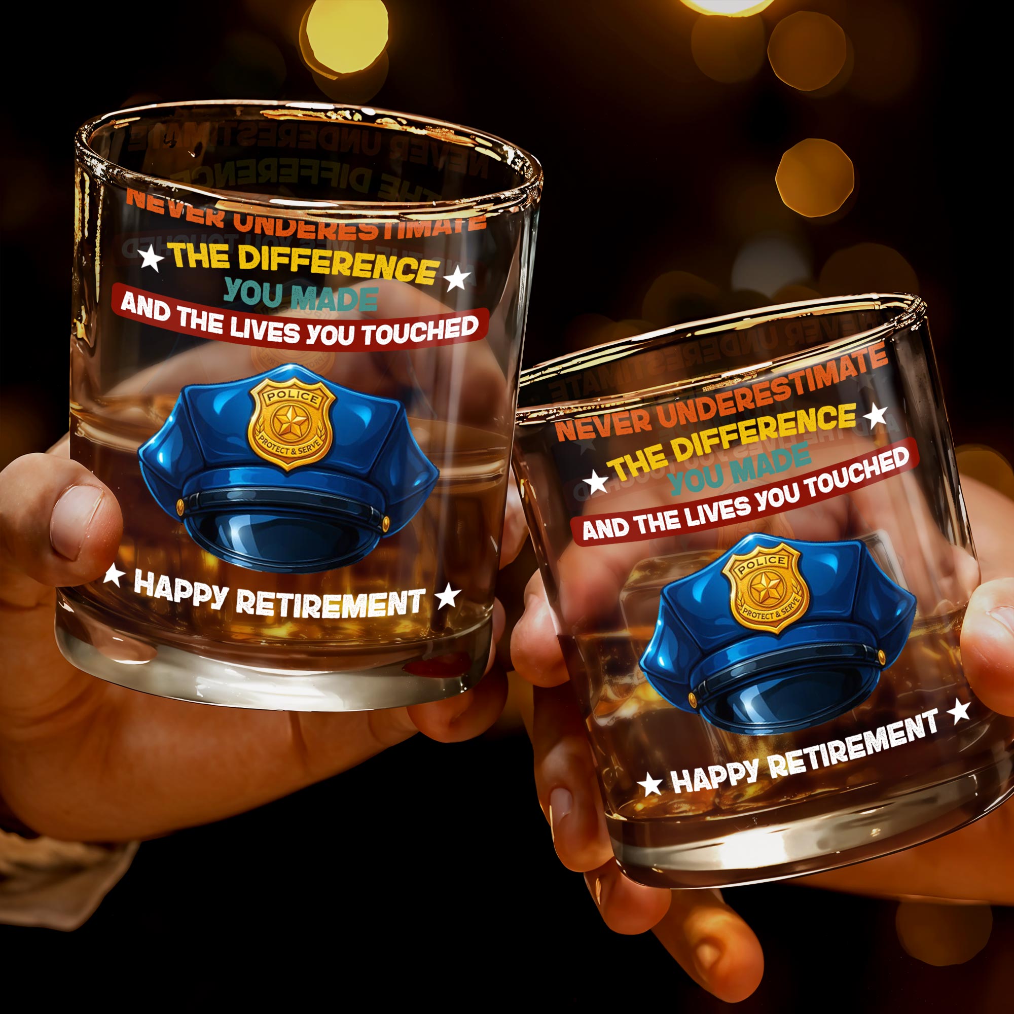 Never Underestimate The Difference You Made, Police Badge - Personalized Custom Whiskey Glass - OFC007_RWG