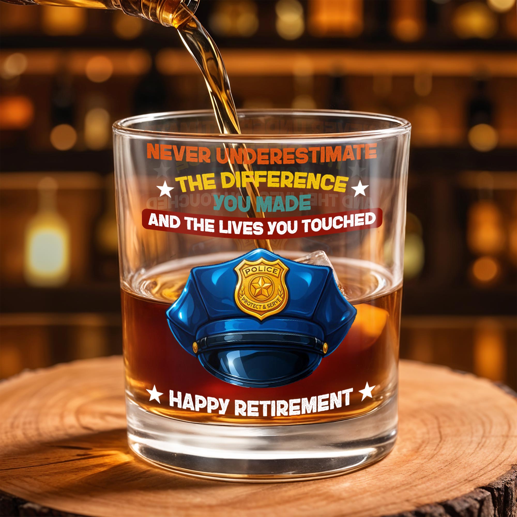 Never Underestimate The Difference You Made, Police Badge - Personalized Custom Whiskey Glass - OFC007_RWG