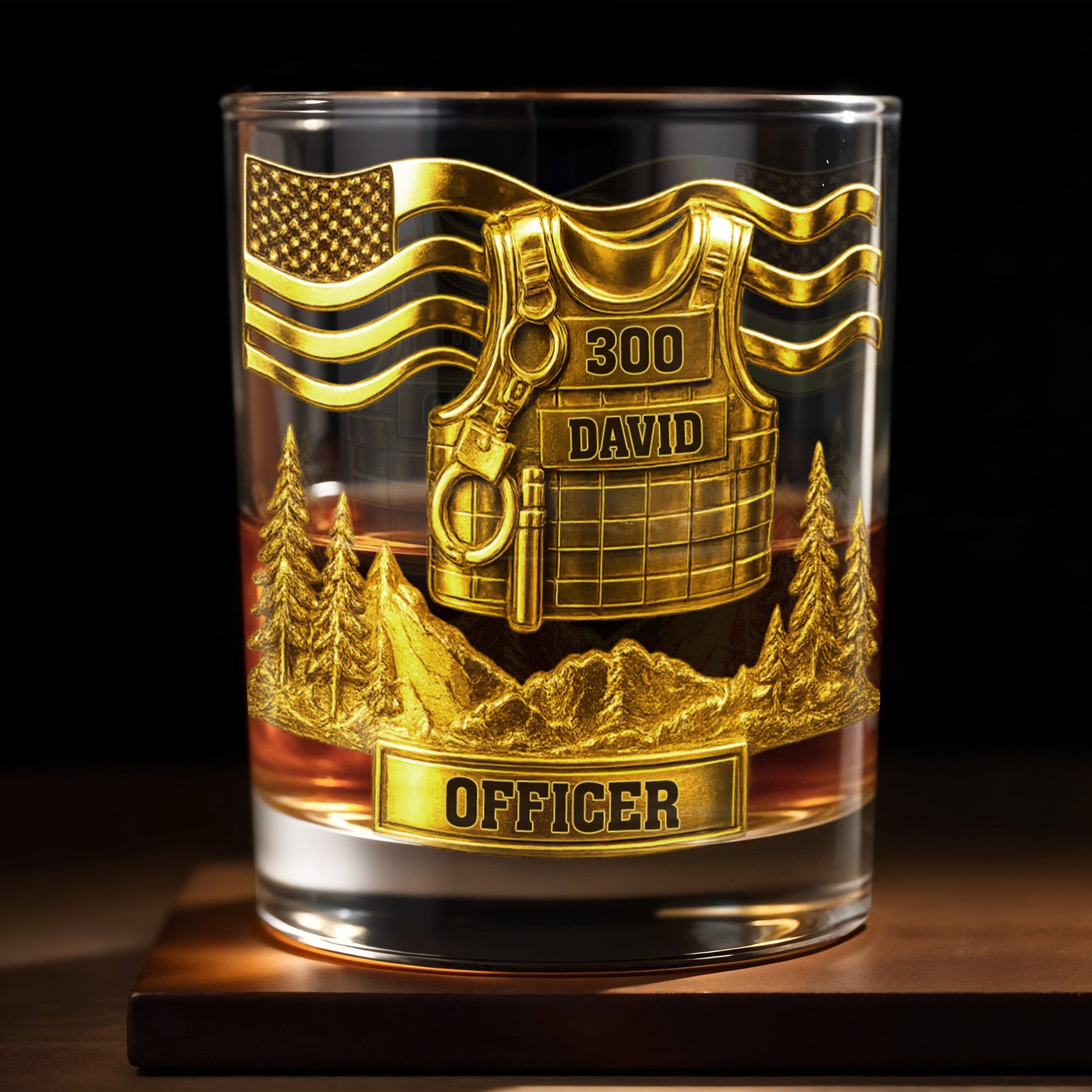 Celebrate Bravery And Dedication Officer Badge And Mountains - Personalized Custom Whiskey Glass - OFC024_RWG