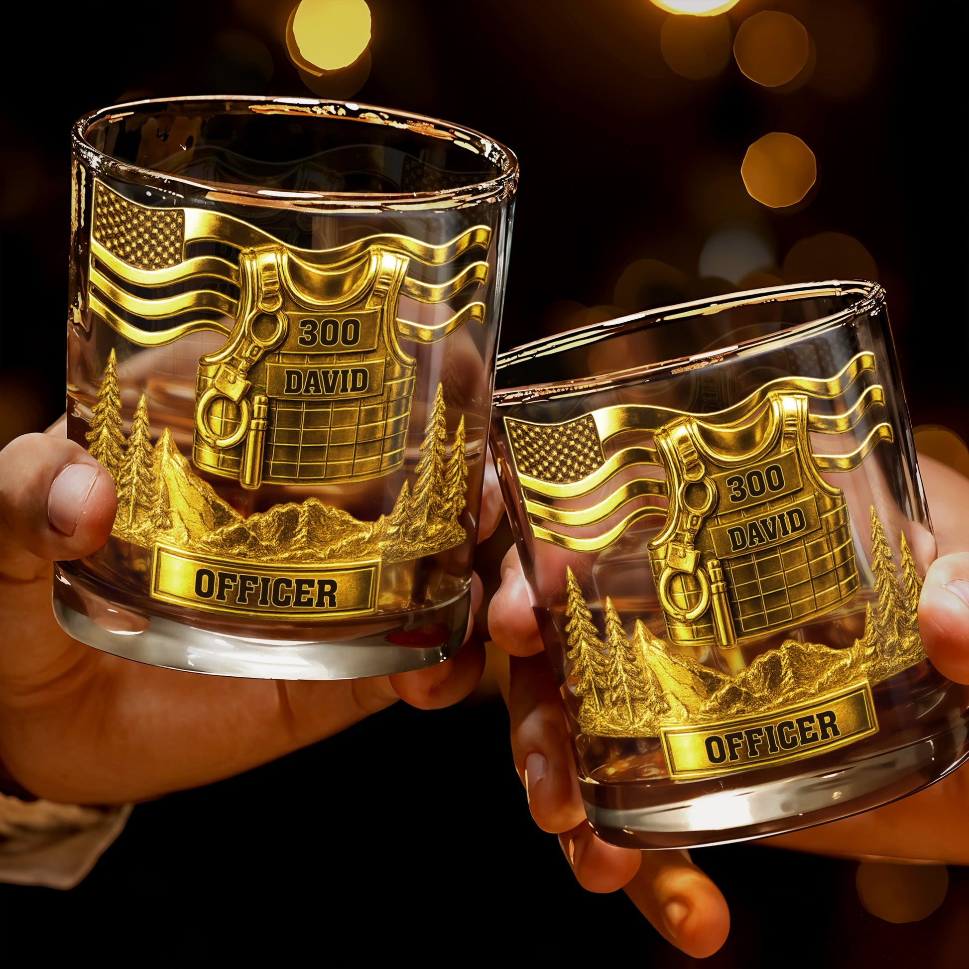 Celebrate Bravery And Dedication Officer Badge And Mountains - Personalized Custom Whiskey Glass - OFC024_RWG