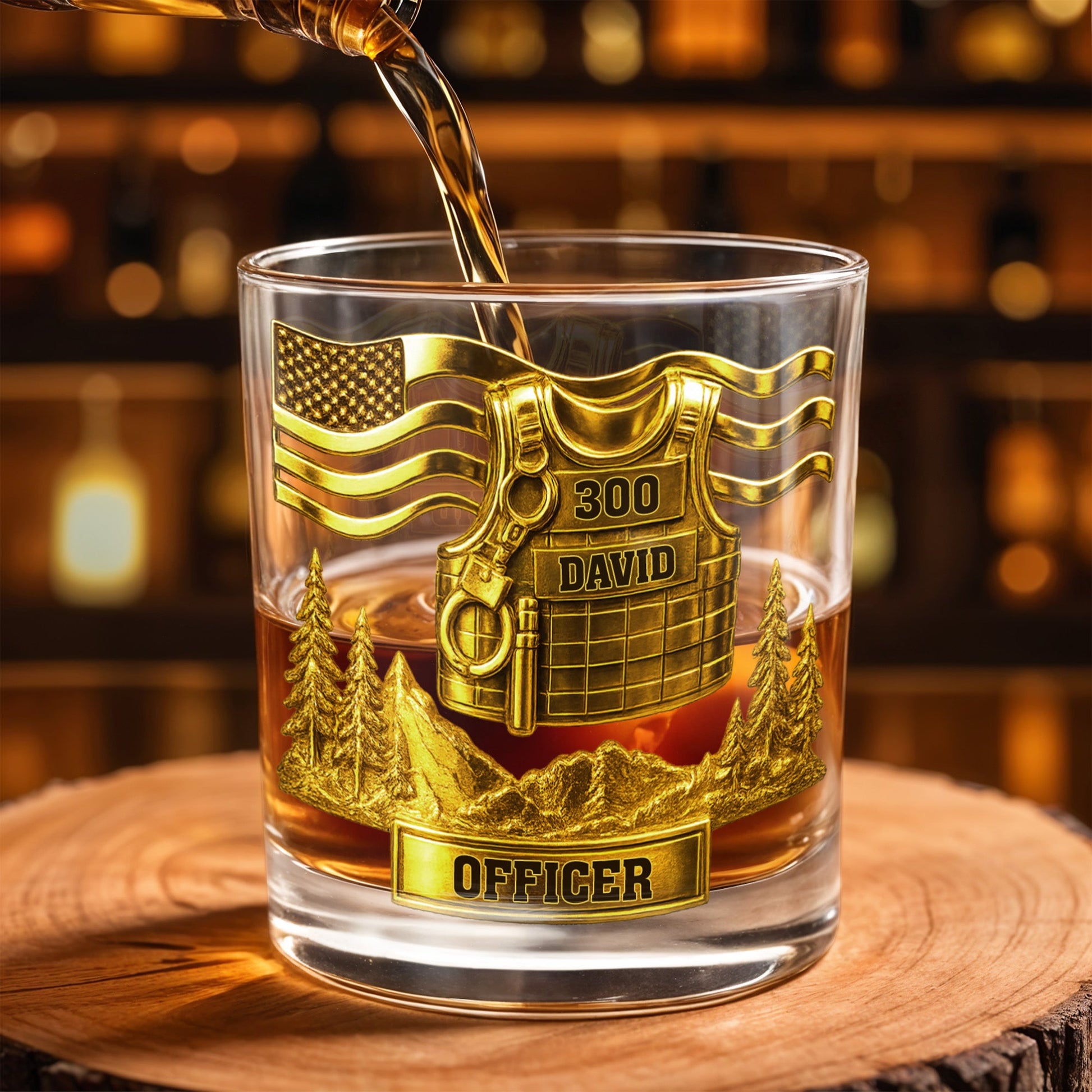 Celebrate Bravery And Dedication Officer Badge And Mountains - Personalized Custom Whiskey Glass - OFC024_RWG