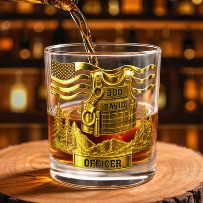 Celebrate Bravery And Dedication Officer Badge And Mountains - Personalized Custom Whiskey Glass - OFC024_RWG