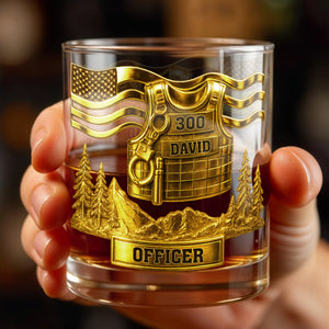 Celebrate Bravery And Dedication Officer Badge And Mountains - Personalized Custom Whiskey Glass - OFC024_RWG