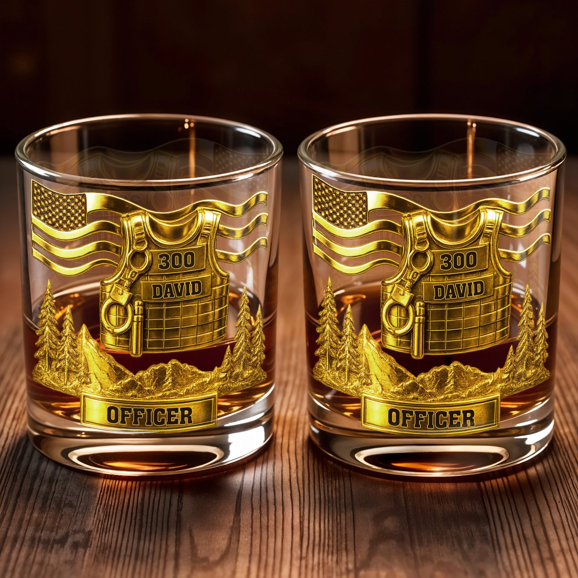 Celebrate Bravery And Dedication Officer Badge And Mountains - Personalized Custom Whiskey Glass - OFC024_RWG