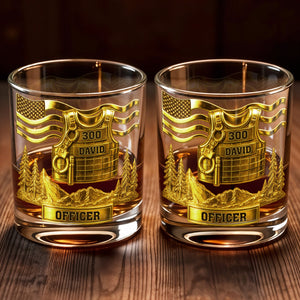 Celebrate Bravery And Dedication Officer Badge And Mountains - Personalized Custom Whiskey Glass - OFC024_RWG