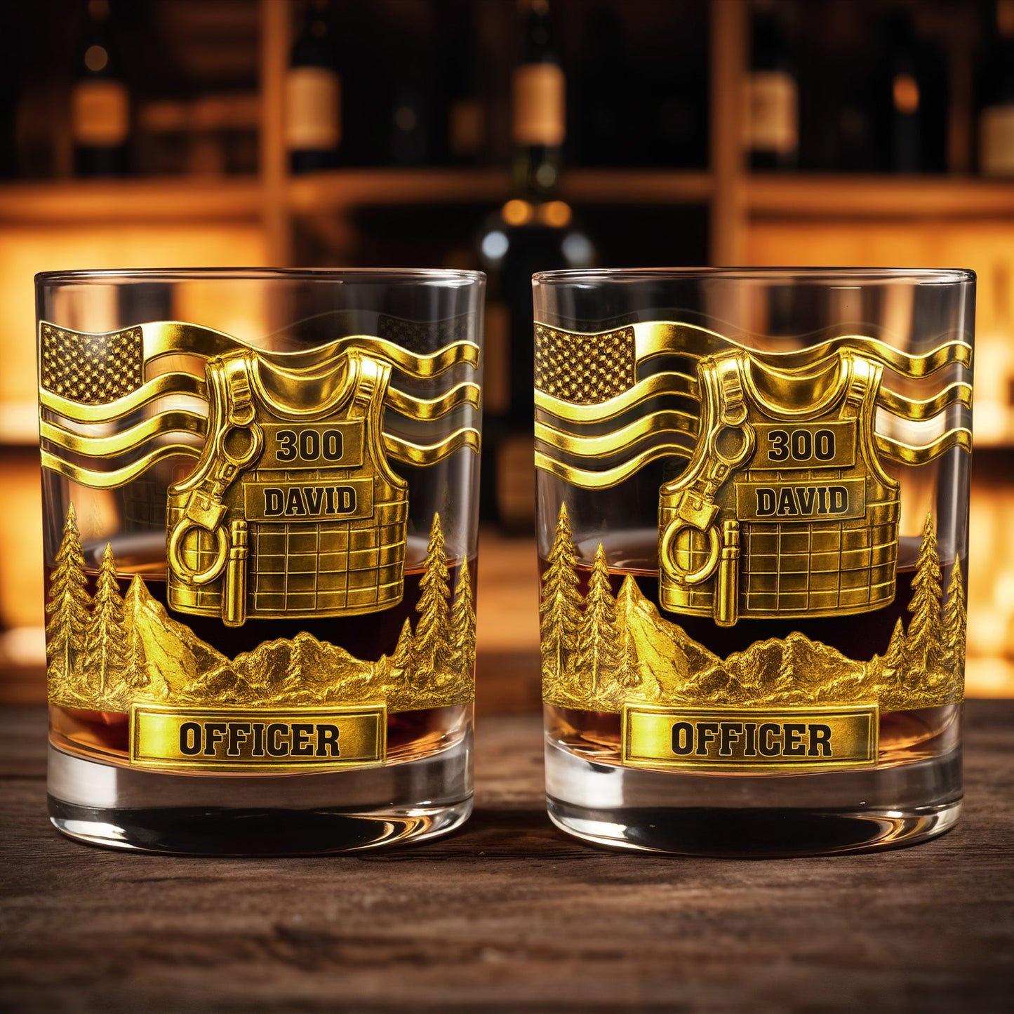Celebrate Bravery And Dedication Officer Badge And Mountains - Personalized Custom Whiskey Glass - OFC024_RWG