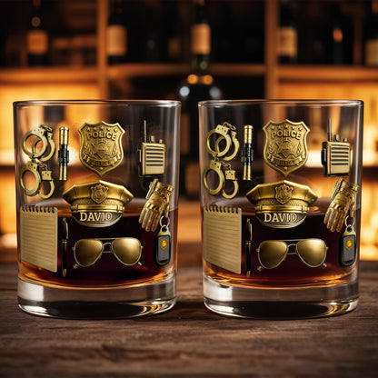 Celebrate Your Service With Badge, Handcuffs, and Hat - Personalized Custom Whiskey Glass - OFC025_RWG