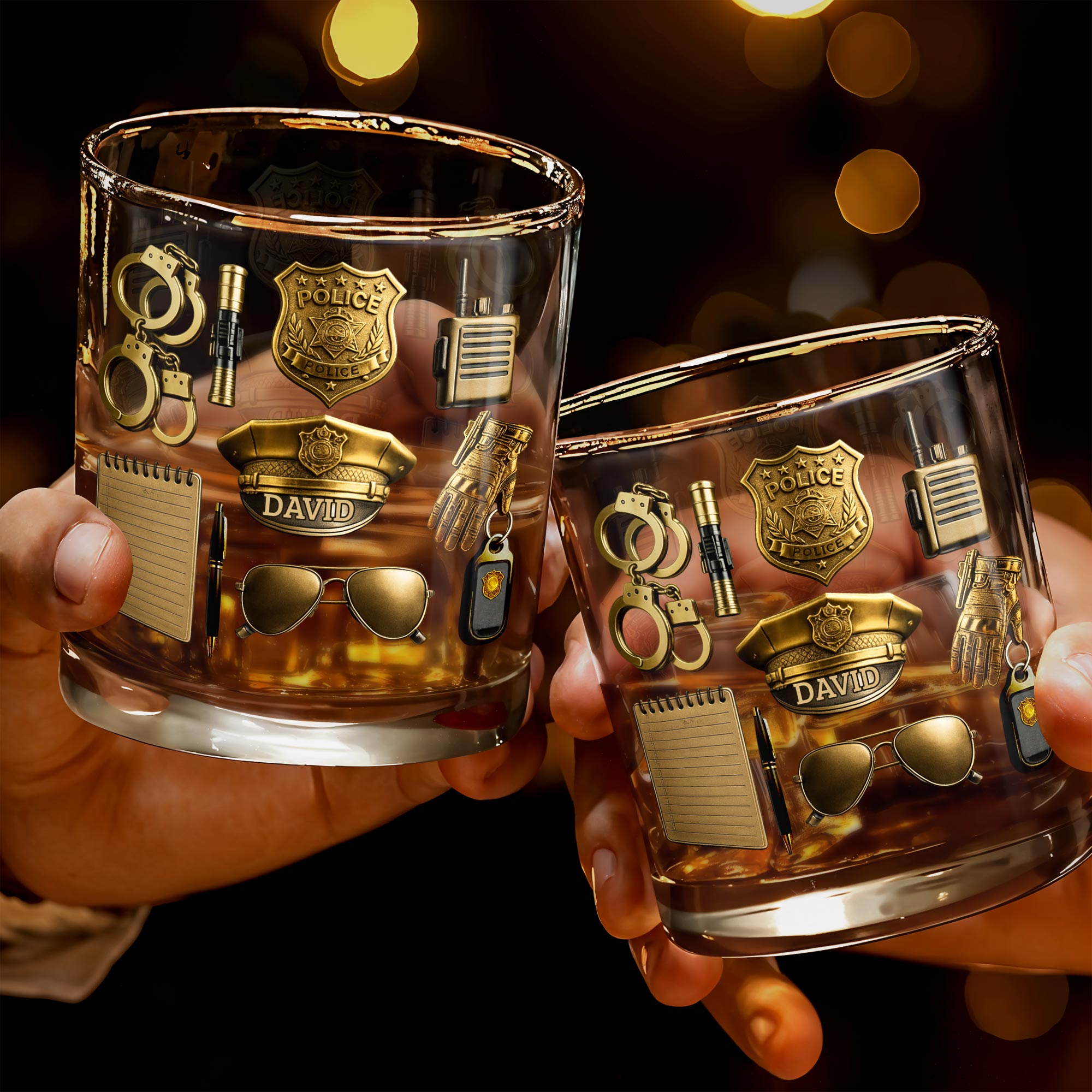 Celebrate Your Service With Badge, Handcuffs, and Hat - Personalized Custom Whiskey Glass - OFC025_RWG