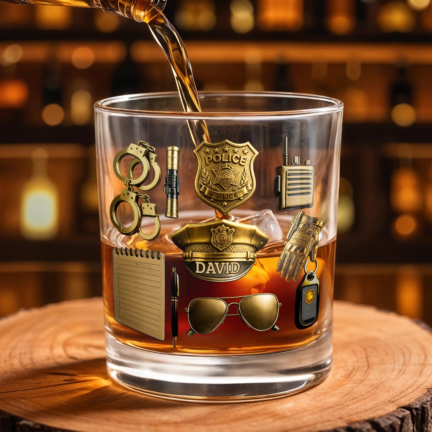 Celebrate Your Service With Badge, Handcuffs, and Hat - Personalized Custom Whiskey Glass - OFC025_RWG