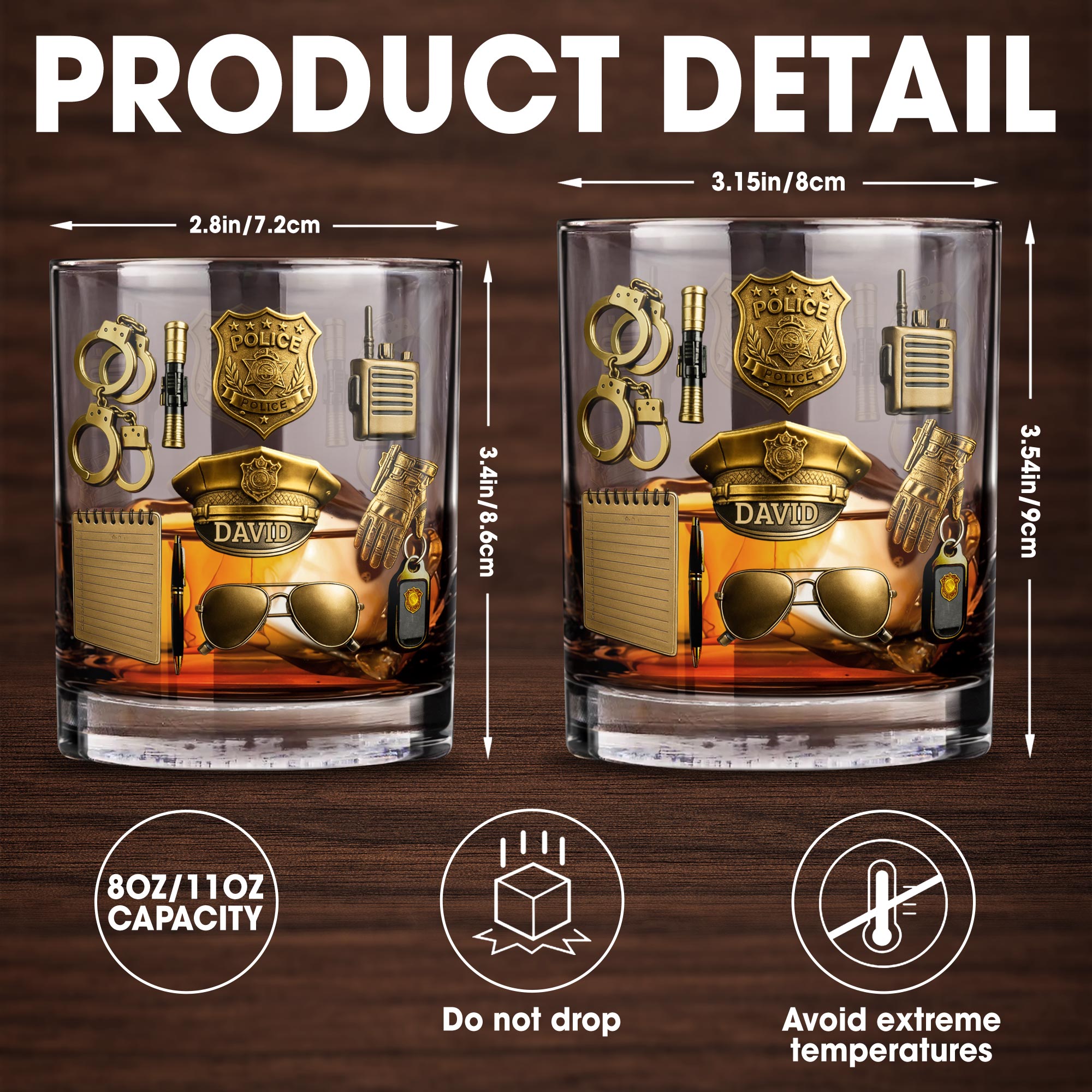 Celebrate Your Service With Badge, Handcuffs, and Hat - Personalized Custom Whiskey Glass - OFC025_RWG