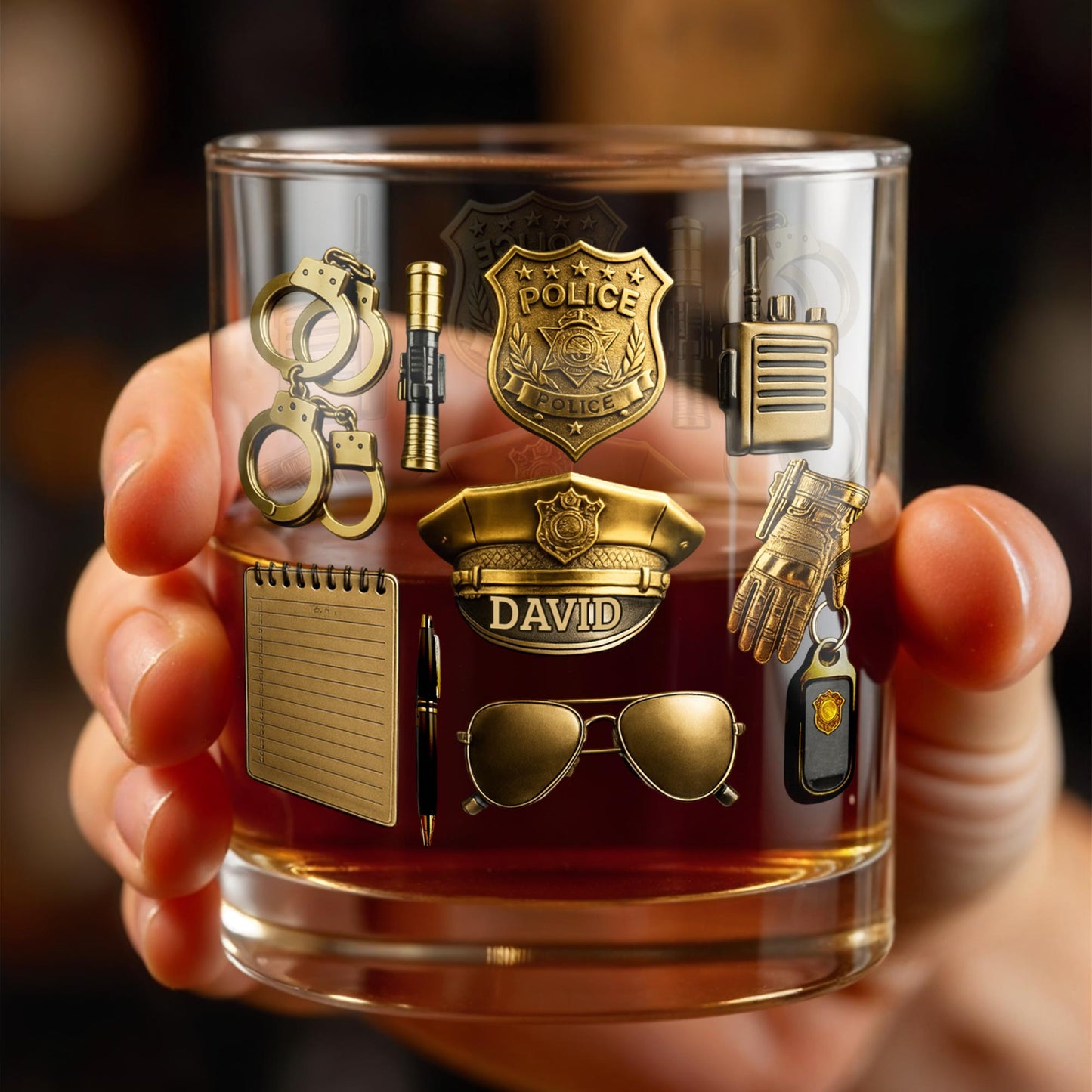Celebrate Your Service With Badge, Handcuffs, and Hat - Personalized Custom Whiskey Glass - OFC025_RWG