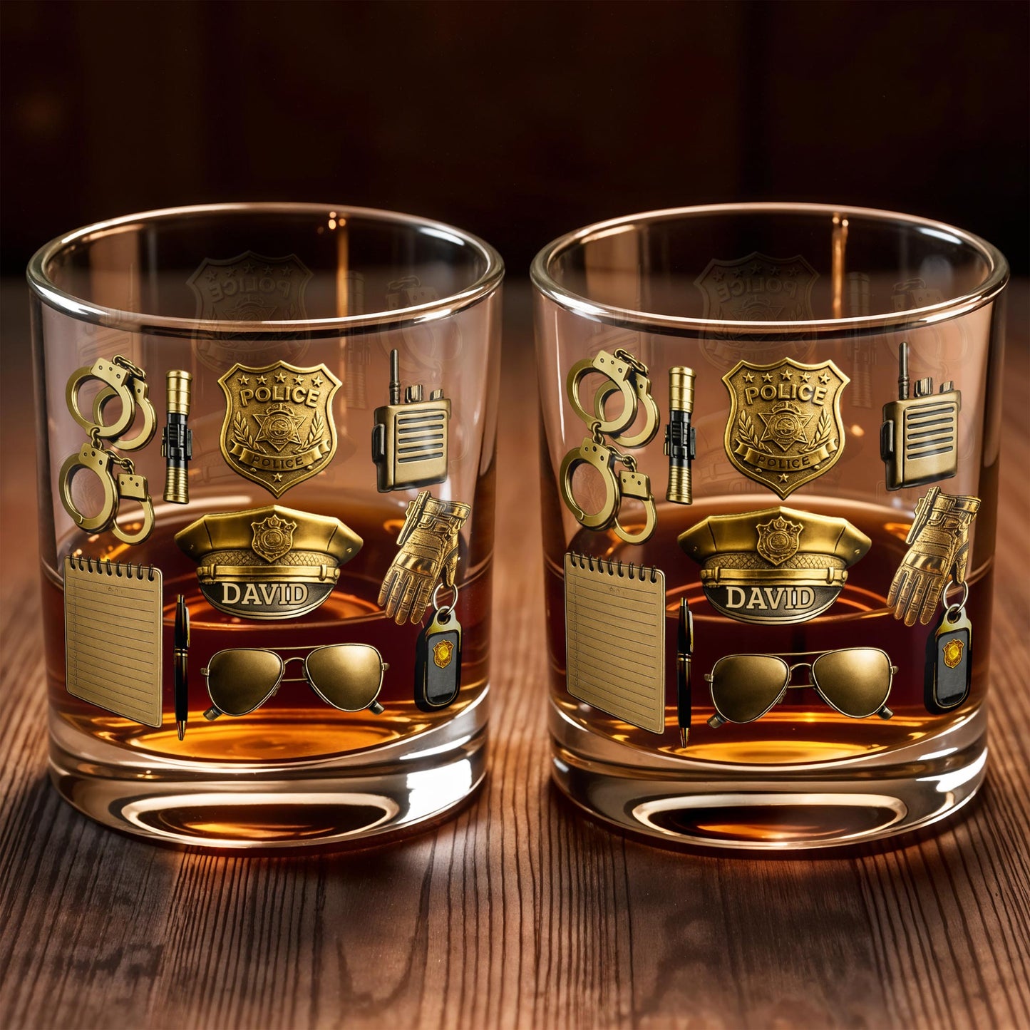 Celebrate Your Service With Badge, Handcuffs, and Hat - Personalized Custom Whiskey Glass - OFC025_RWG