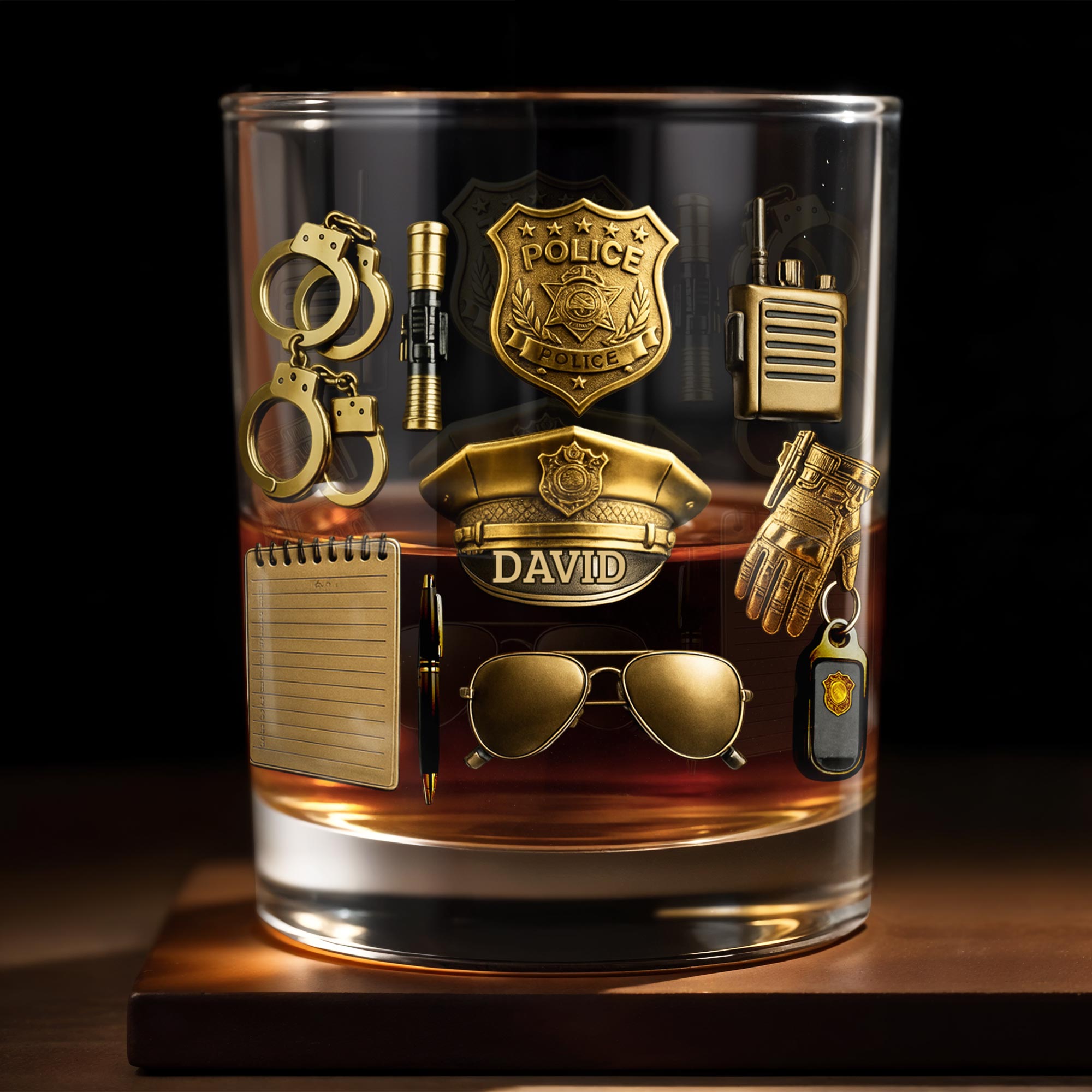 Celebrate Your Service With Badge, Handcuffs, and Hat - Personalized Custom Whiskey Glass - OFC025_RWG