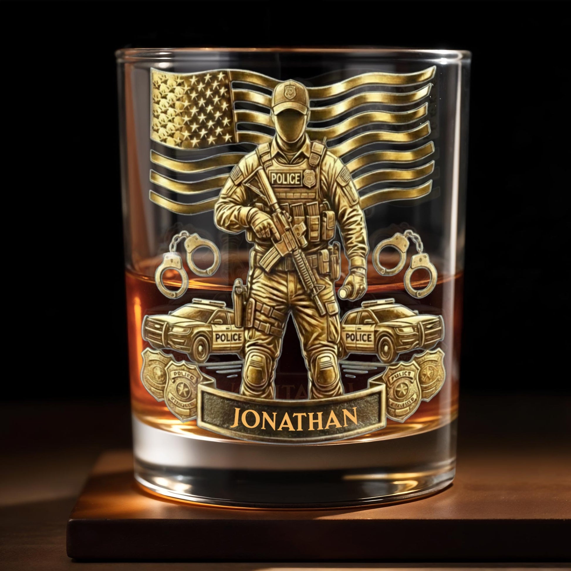 Celebrate Heroic Service With Police Officer Emblem and American Flag - Personalized Custom Whiskey Glass - OFC028_RWG