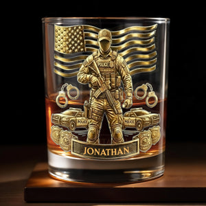Celebrate Heroic Service With Police Officer Emblem and American Flag - Personalized Custom Whiskey Glass - OFC028_RWG