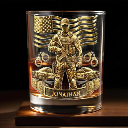 Celebrate Heroic Service With Police Officer Emblem and American Flag - Personalized Custom Whiskey Glass - OFC028_RWG