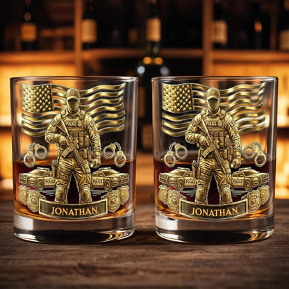 Celebrate Heroic Service With Police Officer Emblem and American Flag - Personalized Custom Whiskey Glass - OFC028_RWG