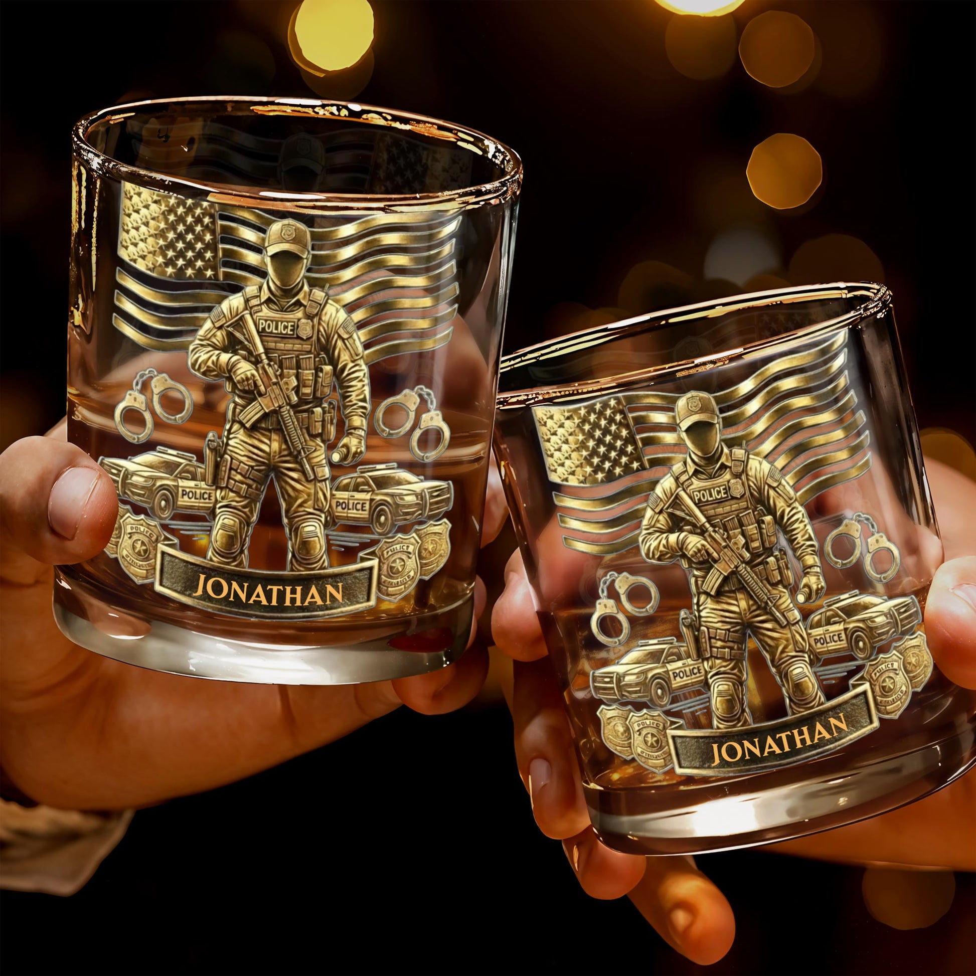 Celebrate Heroic Service With Police Officer Emblem and American Flag - Personalized Custom Whiskey Glass - OFC028_RWG