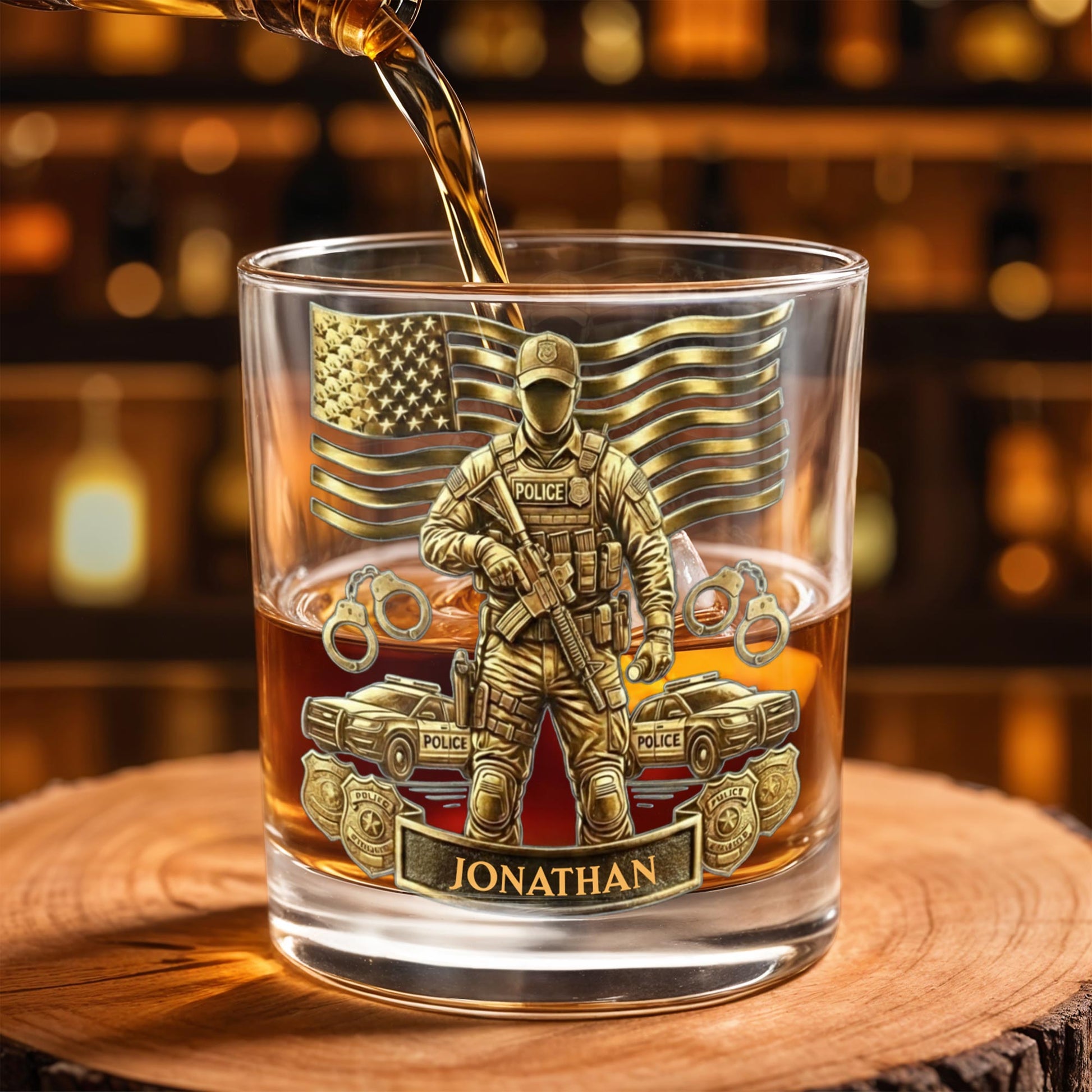 Celebrate Heroic Service With Police Officer Emblem and American Flag - Personalized Custom Whiskey Glass - OFC028_RWG