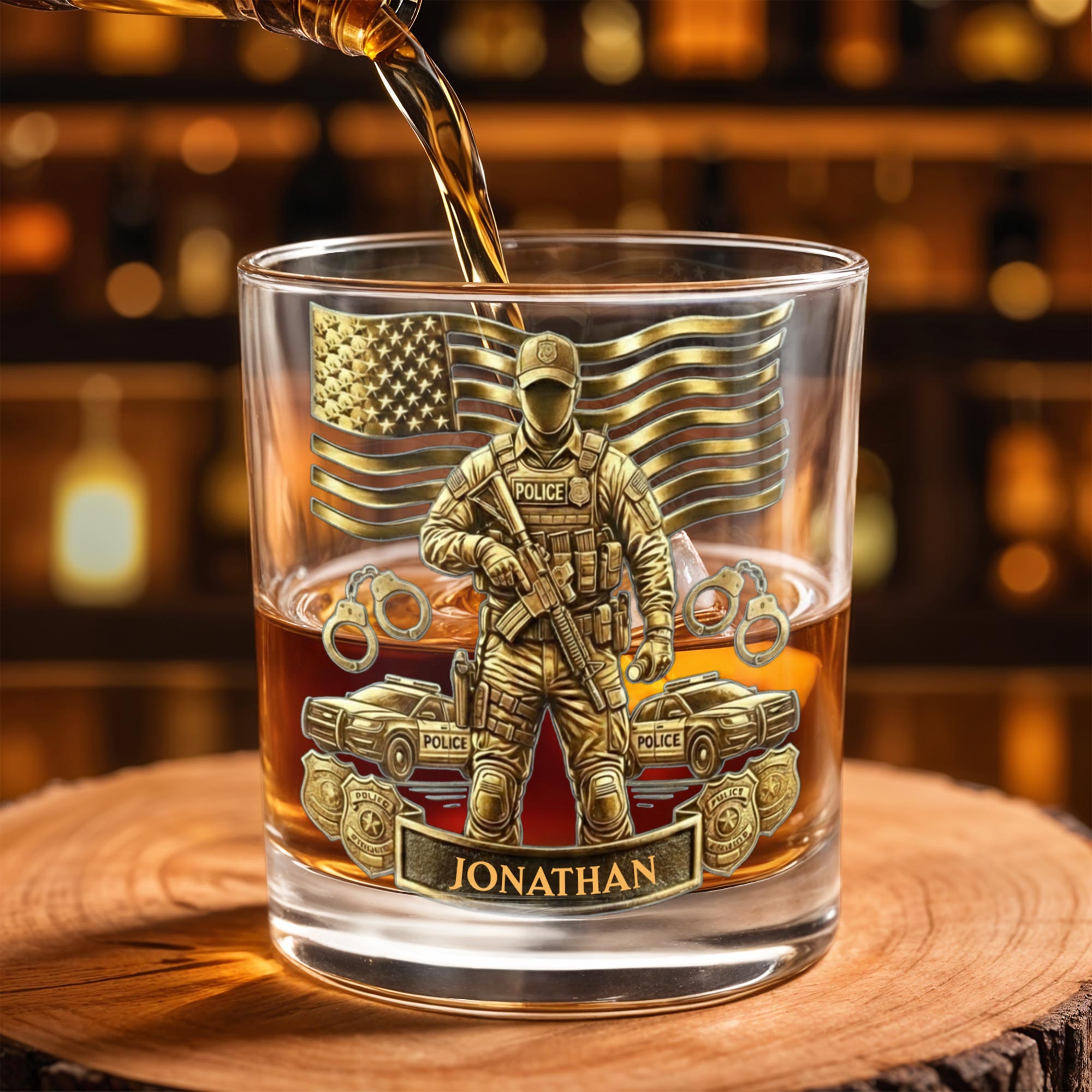 Celebrate Heroic Service With Police Officer Emblem and American Flag - Personalized Custom Whiskey Glass - OFC028_RWG
