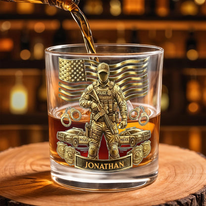Celebrate Heroic Service With Police Officer Emblem and American Flag - Personalized Custom Whiskey Glass - OFC028_RWG