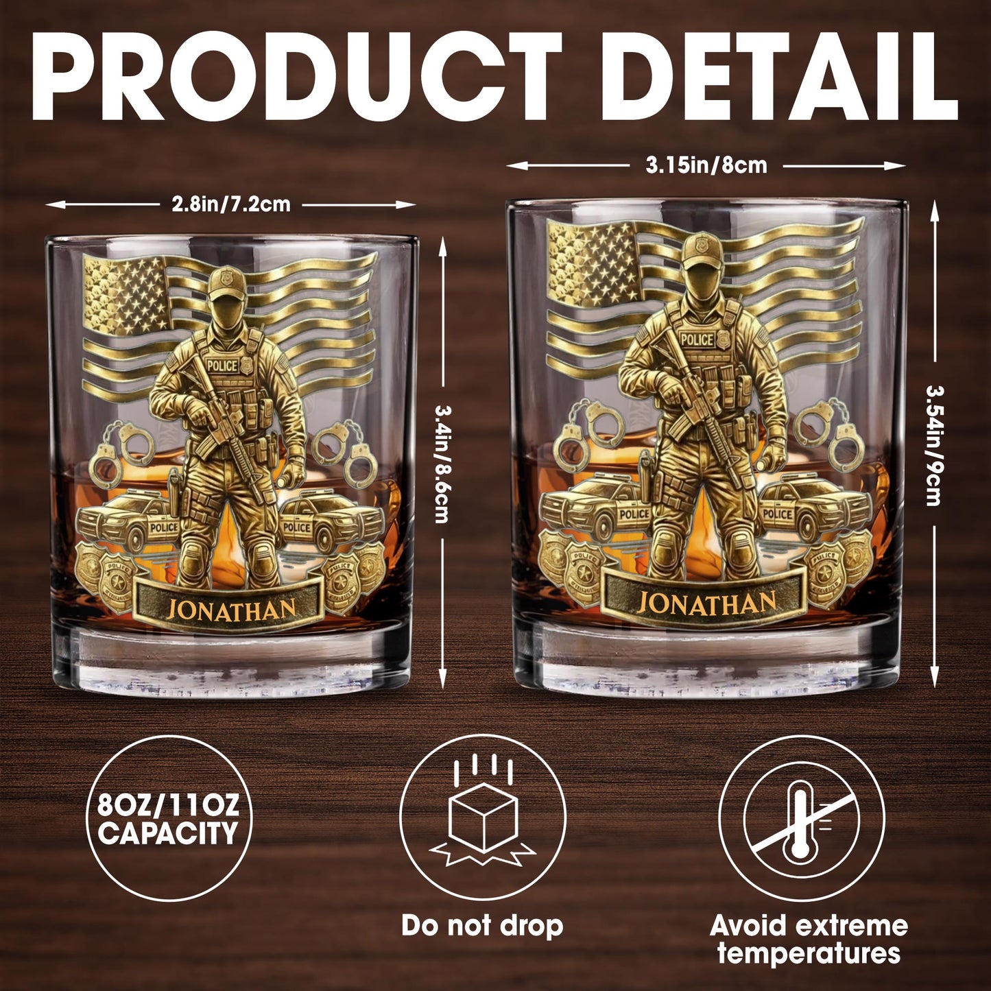 Celebrate Heroic Service With Police Officer Emblem and American Flag - Personalized Custom Whiskey Glass - OFC028_RWG
