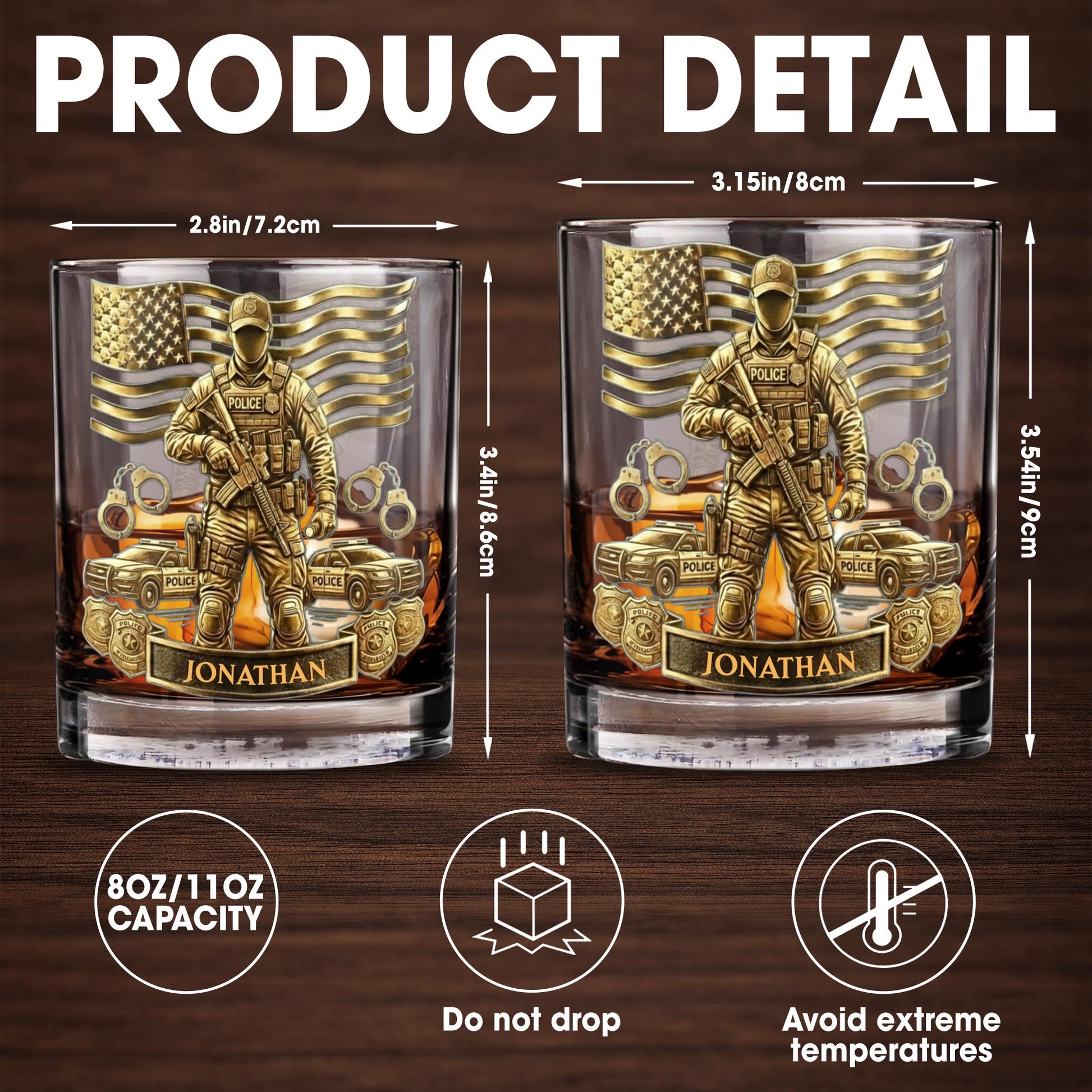 Celebrate Heroic Service With Police Officer Emblem and American Flag - Personalized Custom Whiskey Glass - OFC028_RWG