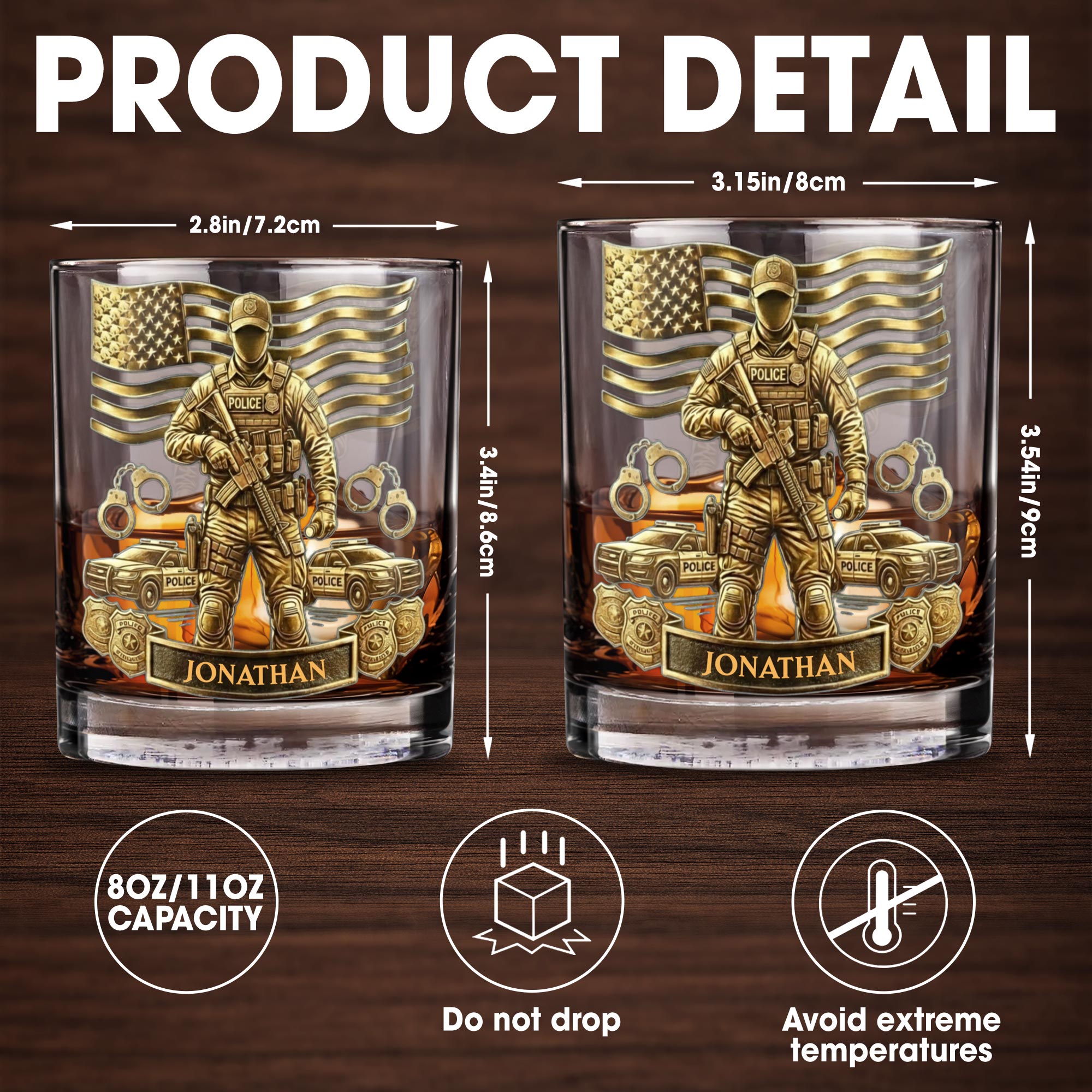 Celebrate Heroic Service With Police Officer Emblem and American Flag - Personalized Custom Whiskey Glass - OFC028_RWG