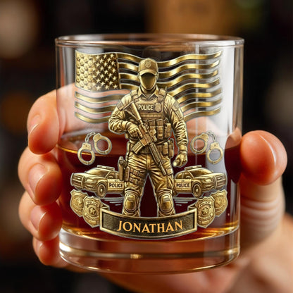 Celebrate Heroic Service With Police Officer Emblem and American Flag - Personalized Custom Whiskey Glass - OFC028_RWG