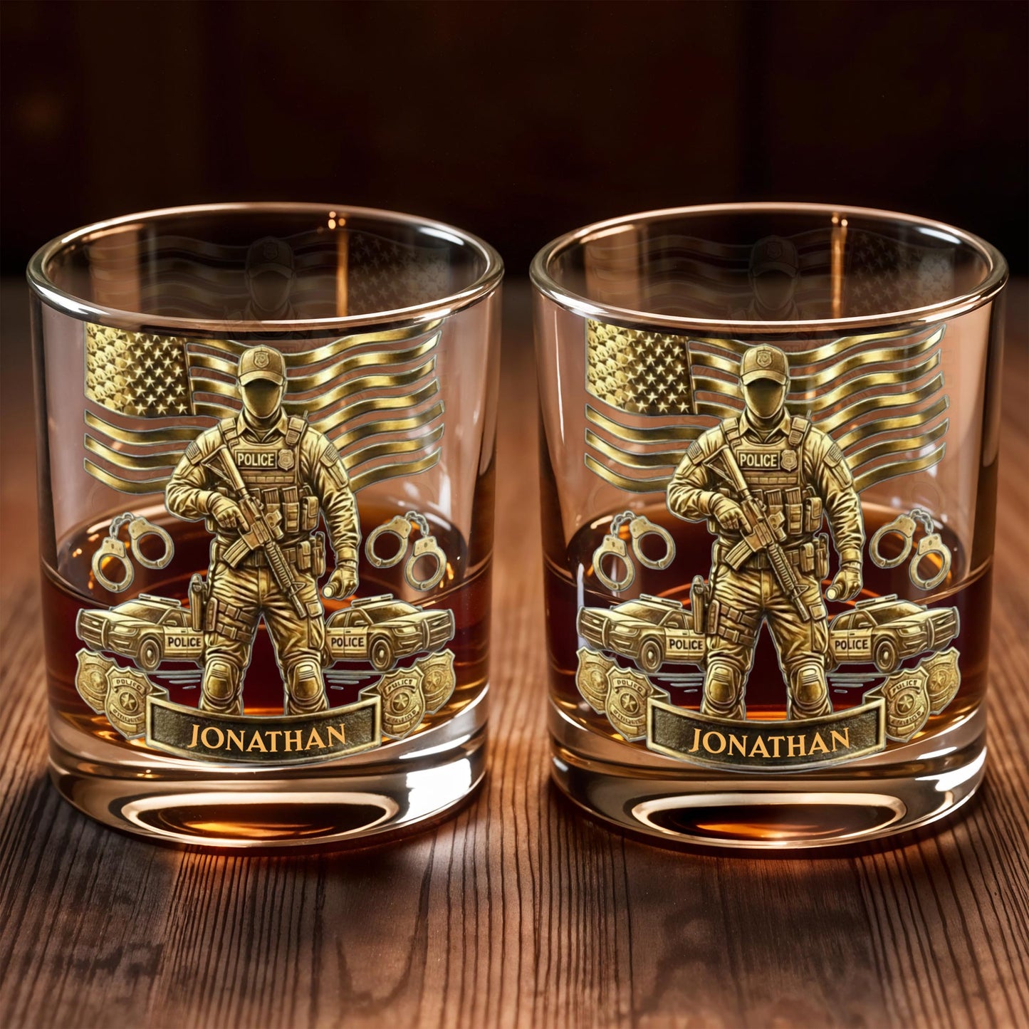 Celebrate Heroic Service With Police Officer Emblem and American Flag - Personalized Custom Whiskey Glass - OFC028_RWG