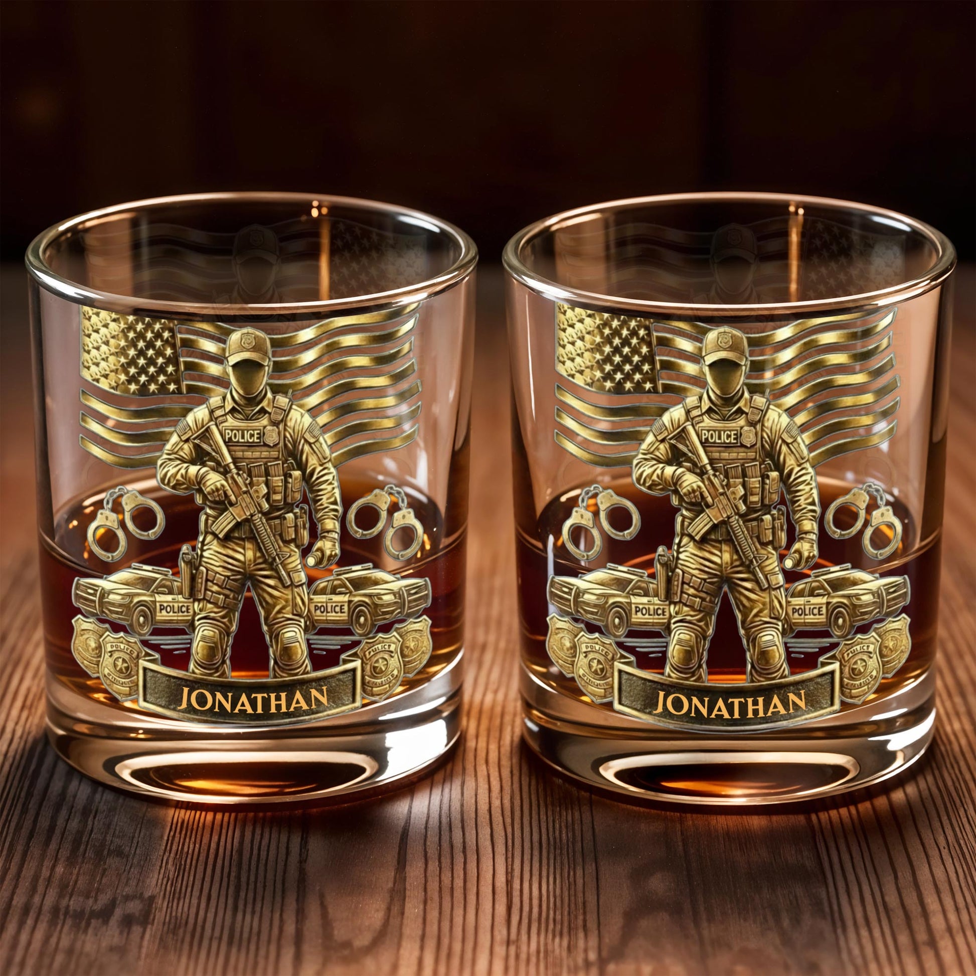 Celebrate Heroic Service With Police Officer Emblem and American Flag - Personalized Custom Whiskey Glass - OFC028_RWG