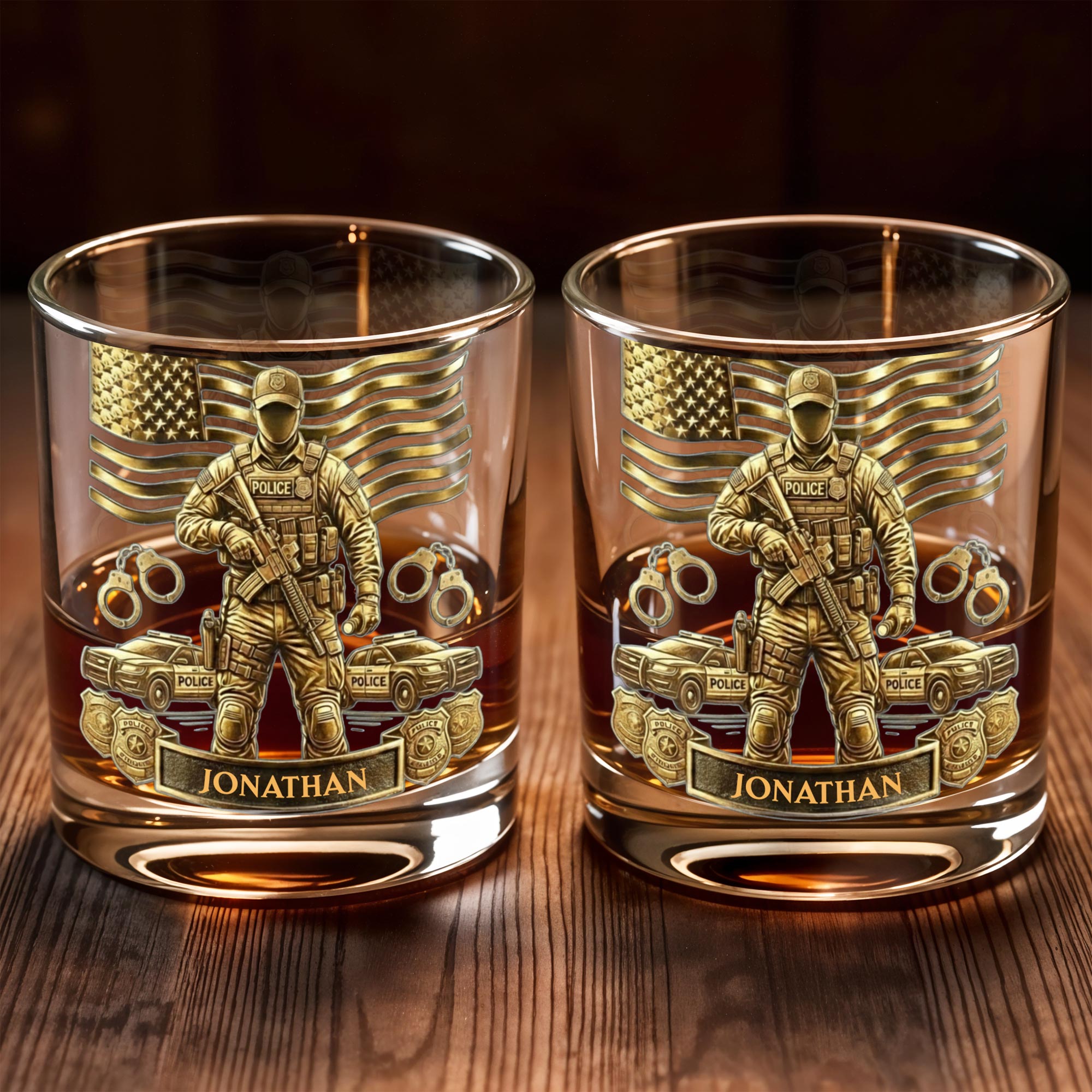 Celebrate Heroic Service With Police Officer Emblem and American Flag - Personalized Custom Whiskey Glass - OFC028_RWG