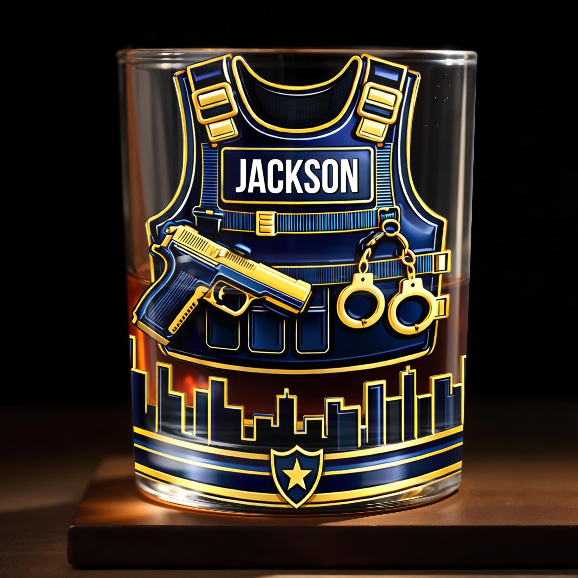 A Hero In Uniform Police Vest With Gun And Handcuffs - Personalized Custom Whiskey Glass - OFC061_RWG