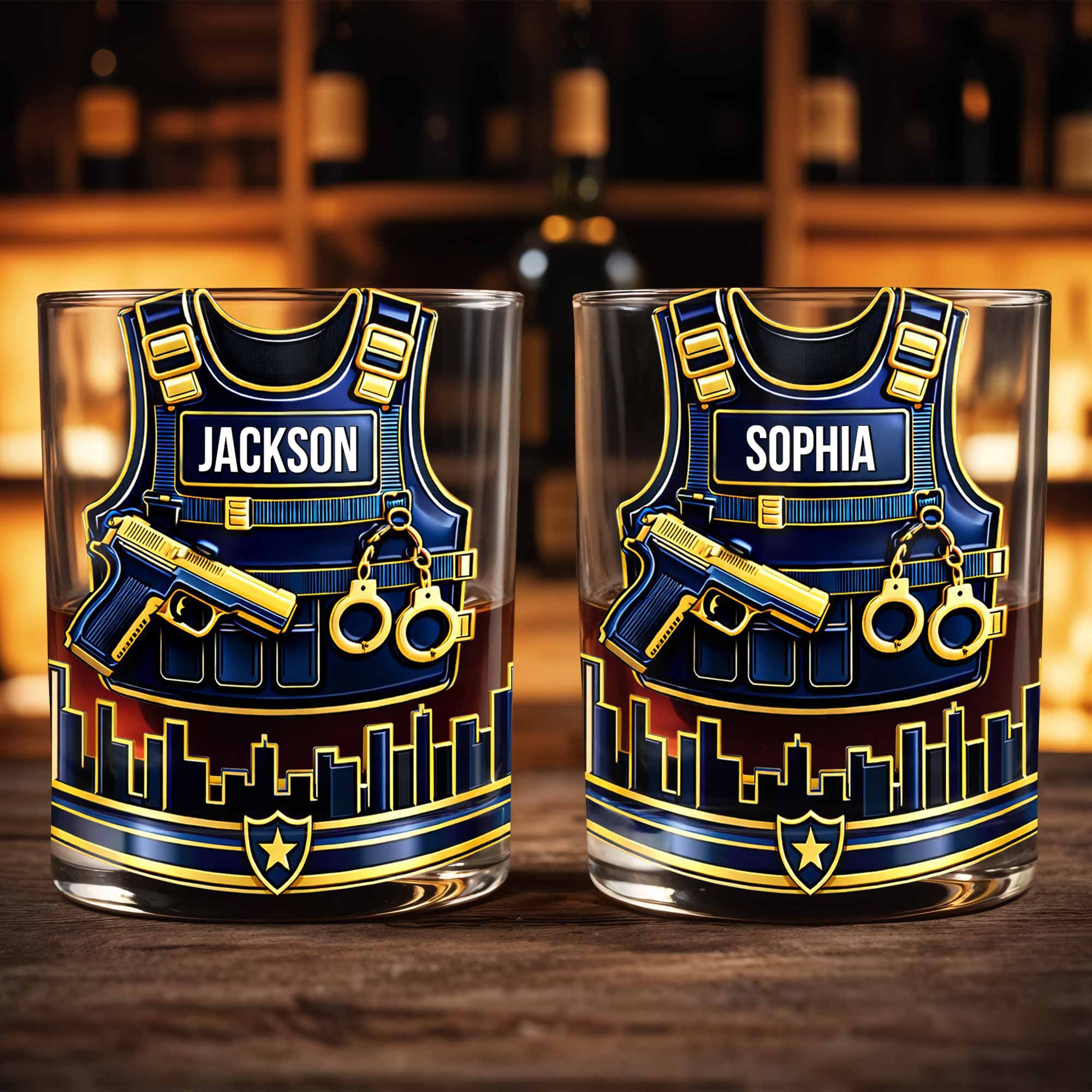 A Hero In Uniform Police Vest With Gun And Handcuffs - Personalized Custom Whiskey Glass - OFC061_RWG