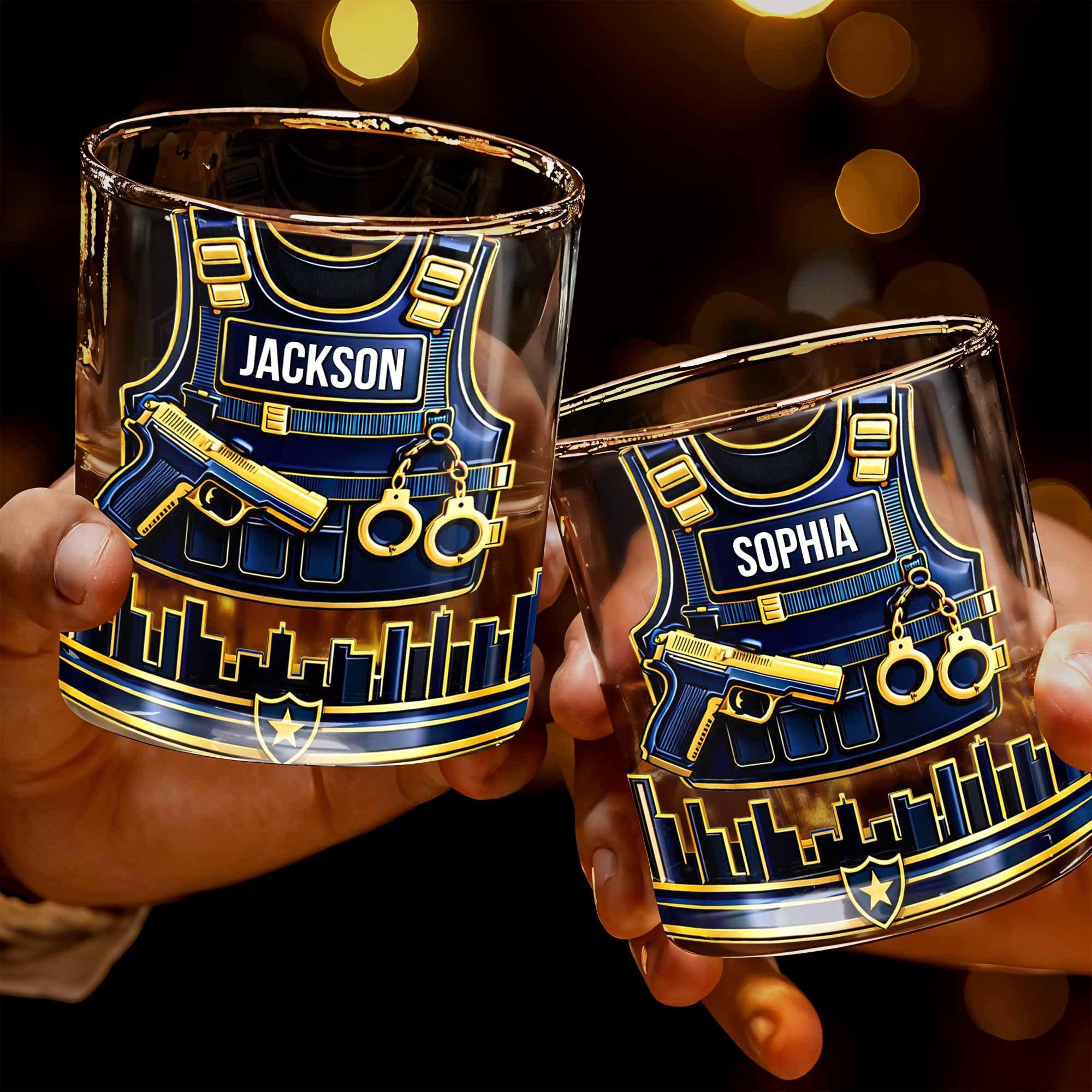 A Hero In Uniform Police Vest With Gun And Handcuffs - Personalized Custom Whiskey Glass - OFC061_RWG