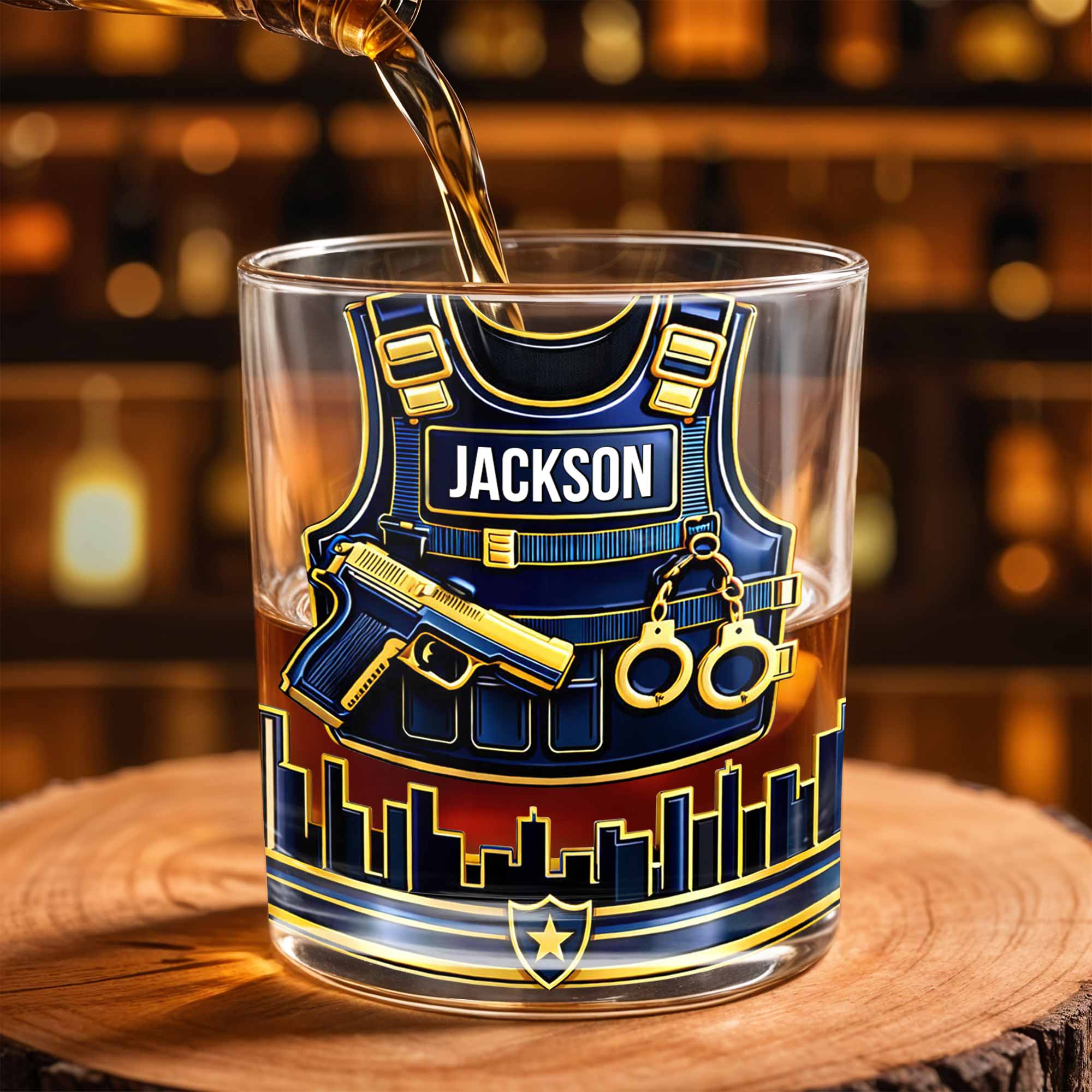 A Hero In Uniform Police Vest With Gun And Handcuffs - Personalized Custom Whiskey Glass - OFC061_RWG