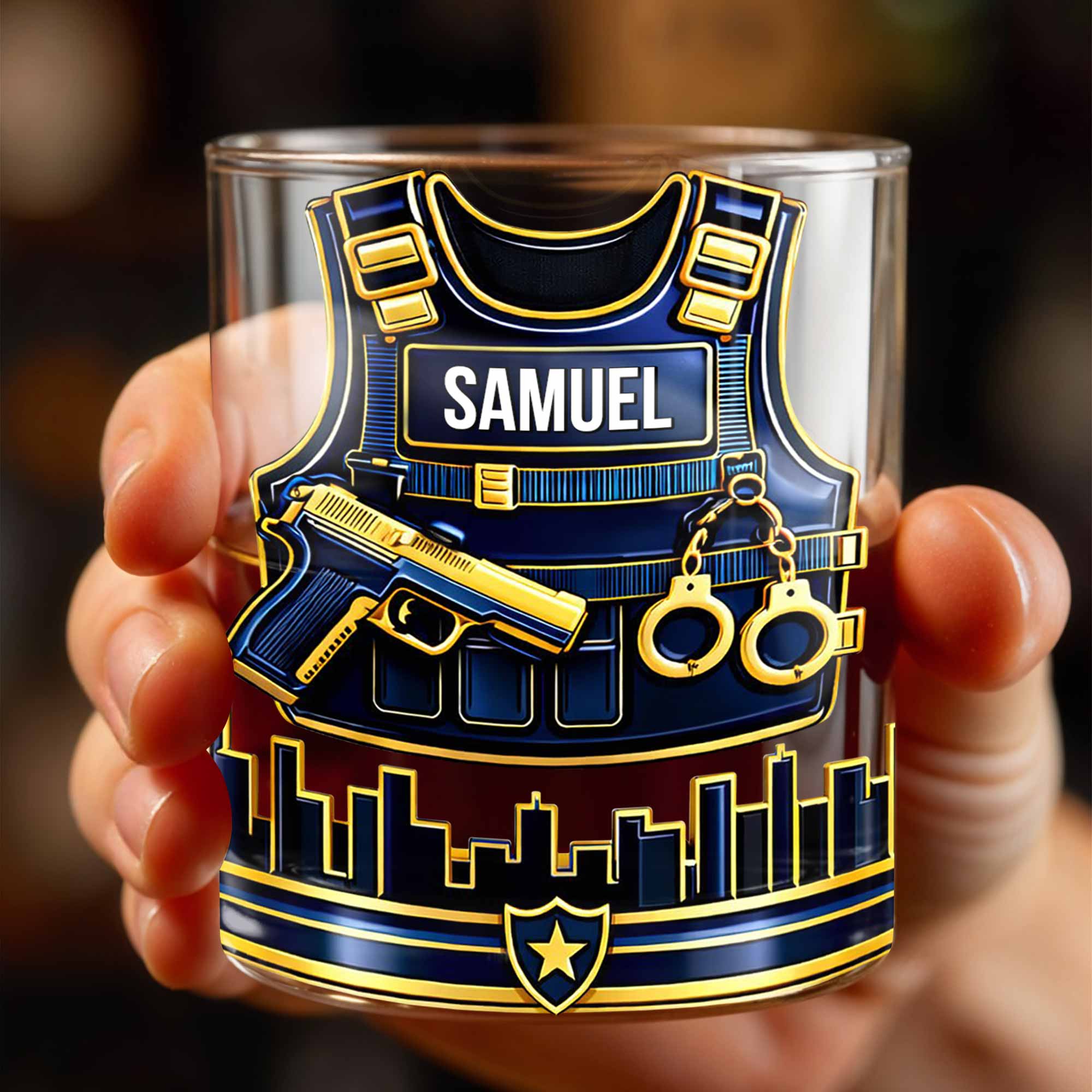 A Hero In Uniform Police Vest With Gun And Handcuffs - Personalized Custom Whiskey Glass - OFC061_RWG