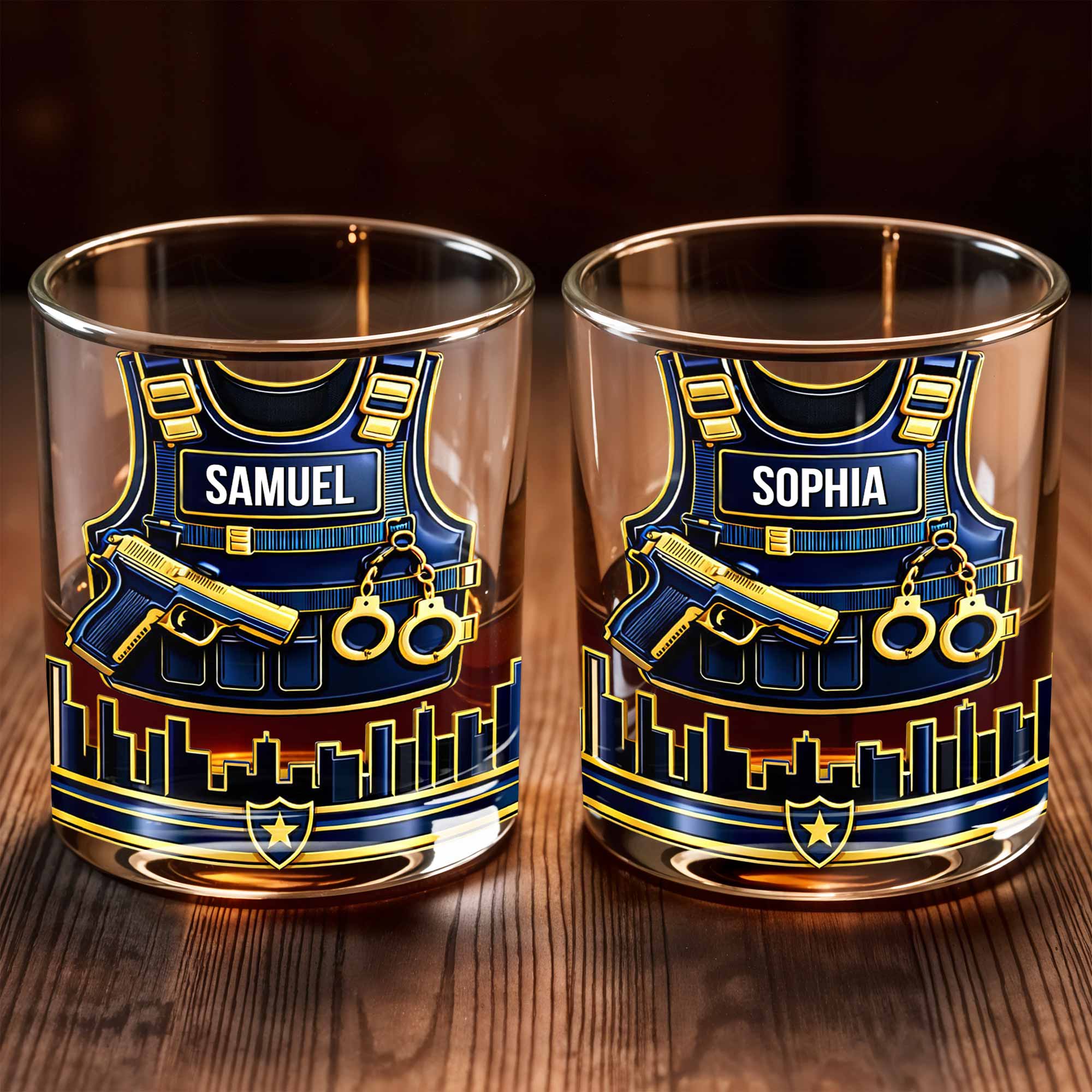 A Hero In Uniform Police Vest With Gun And Handcuffs - Personalized Custom Whiskey Glass - OFC061_RWG
