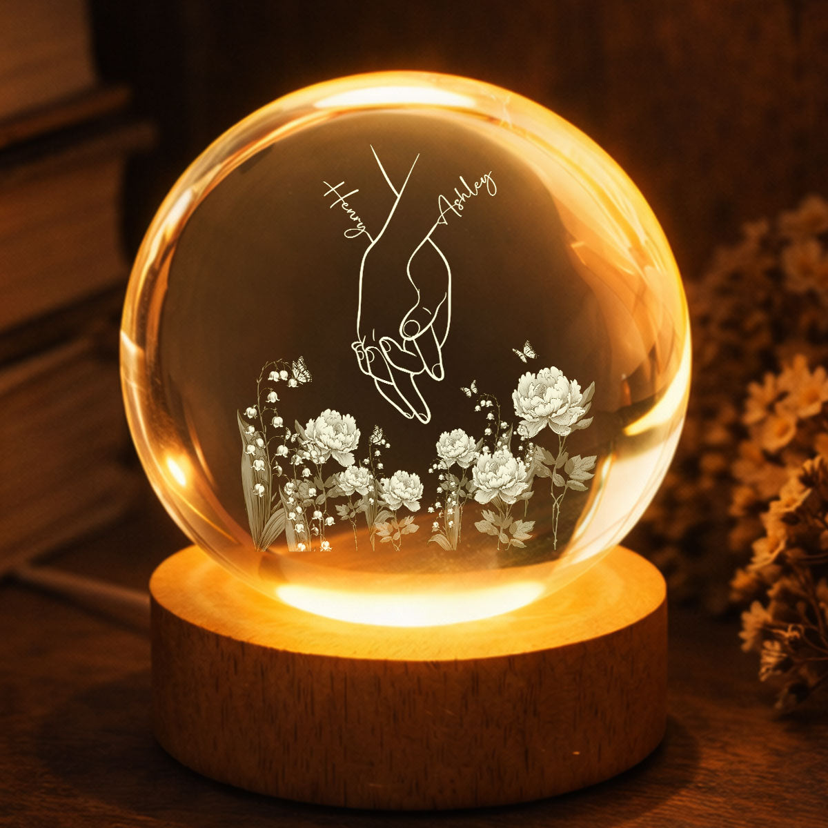 I Love You Couple Hand Print Birth Flower - Personalized Crystal Ball LED Night Light