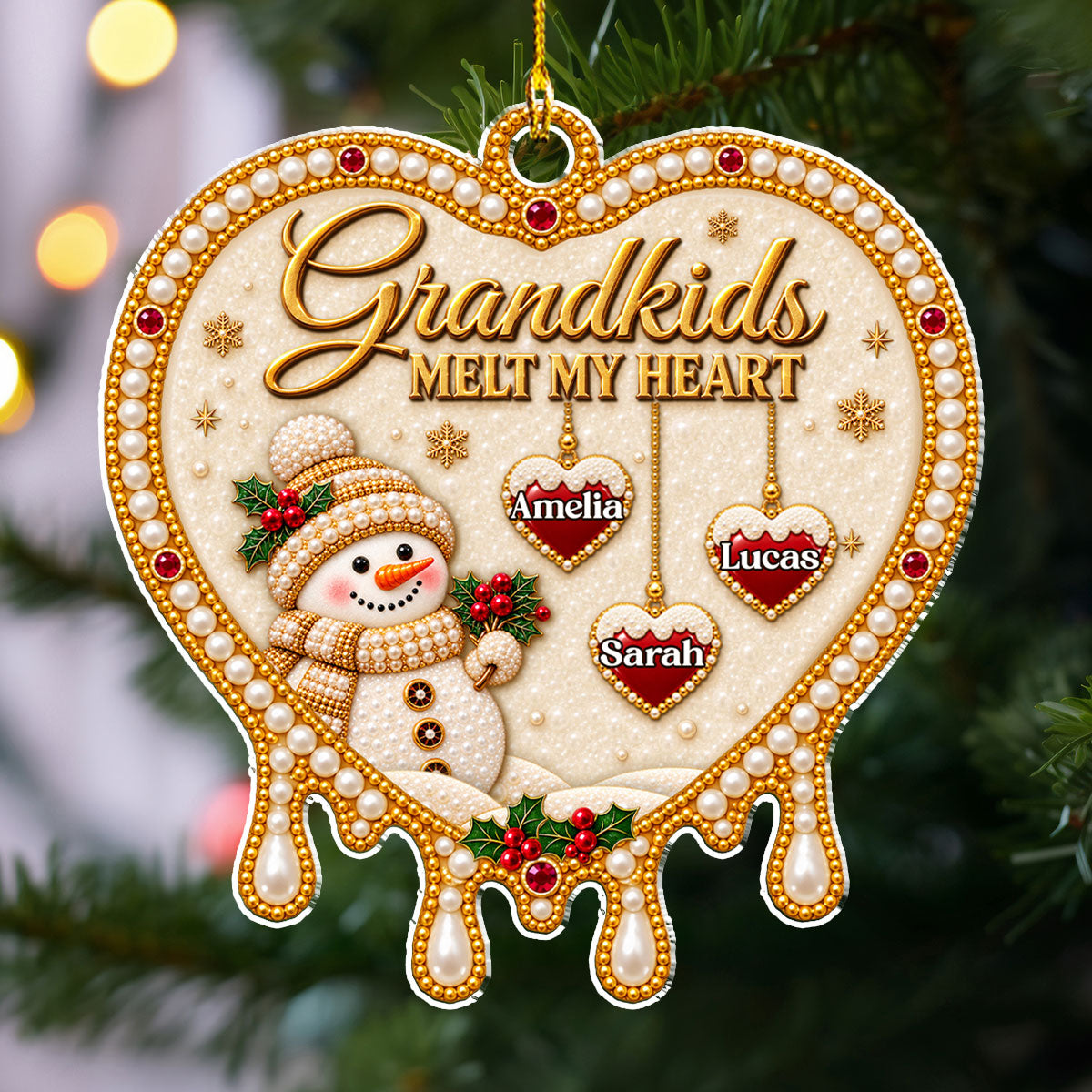Grandkids Warm My Heart acrylic ornament on the tree