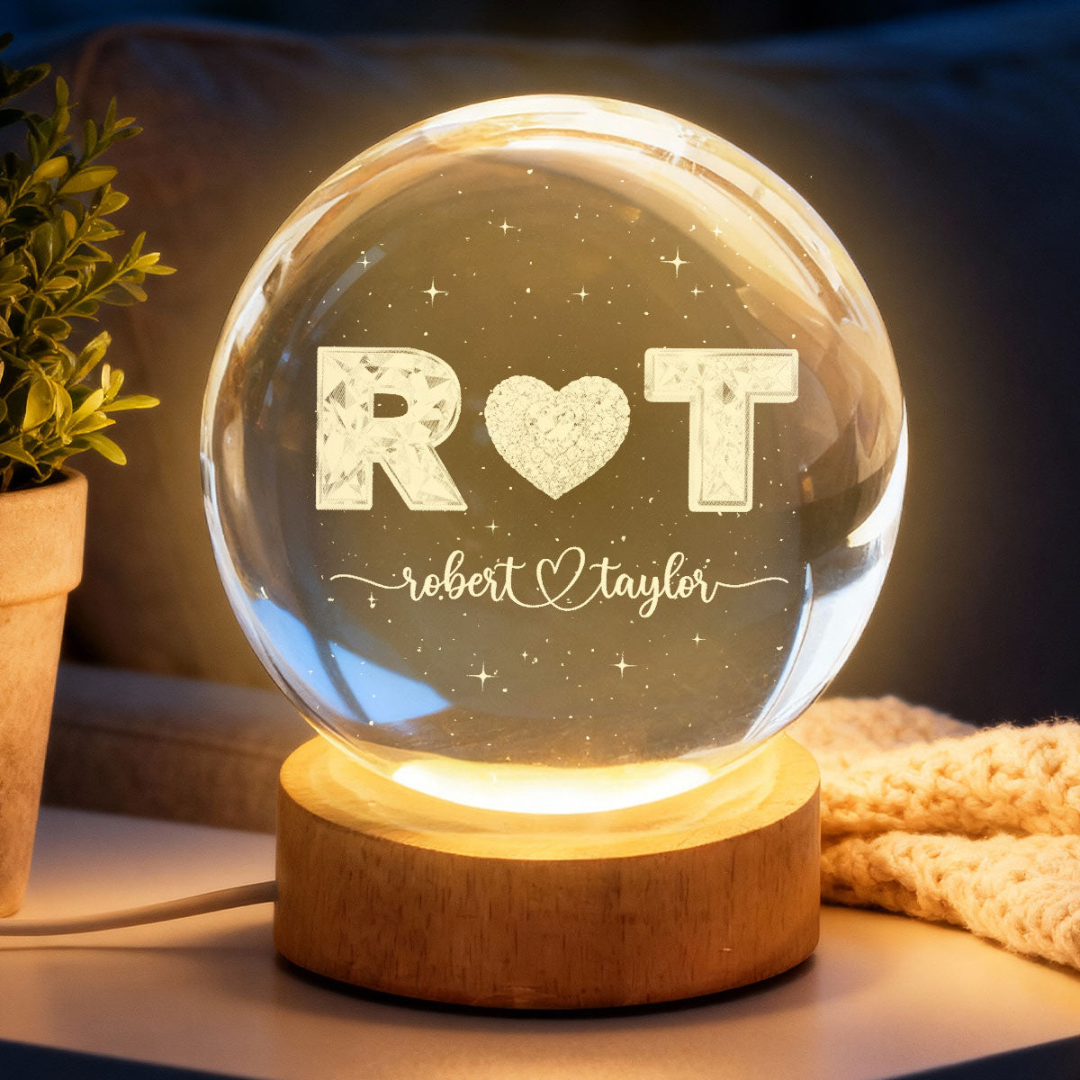 Eternal Love Couple Initial Names - Personalized Crystal Ball LED Night Light