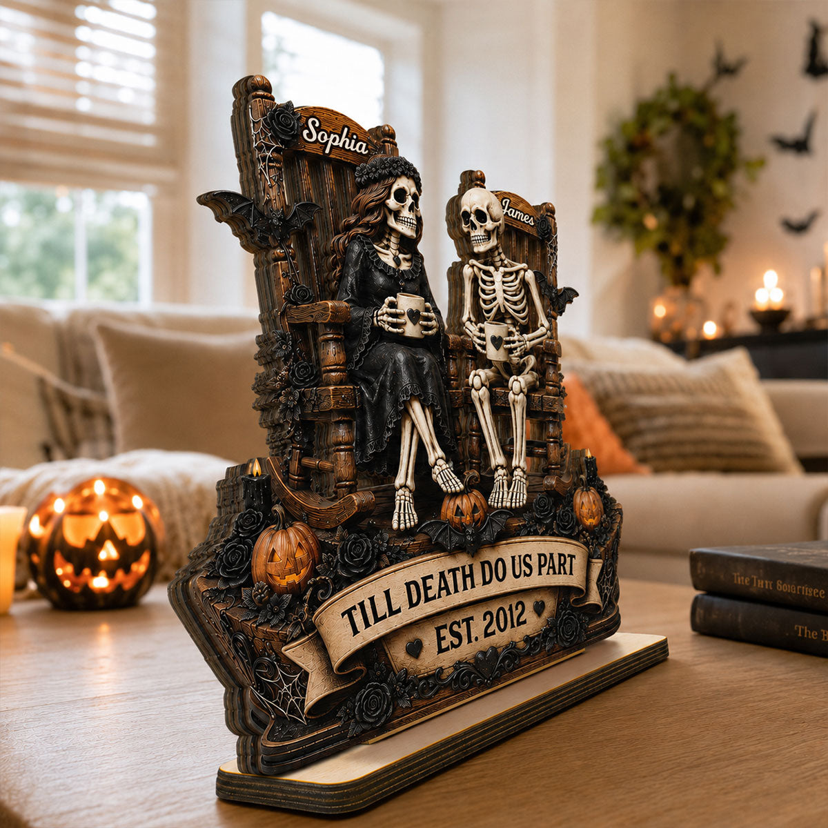 Till Death Do Us Part Skeleton Couple 2D Flat - Personalized 2-Layered Wooden Plaque - Halloween Decor For Couple