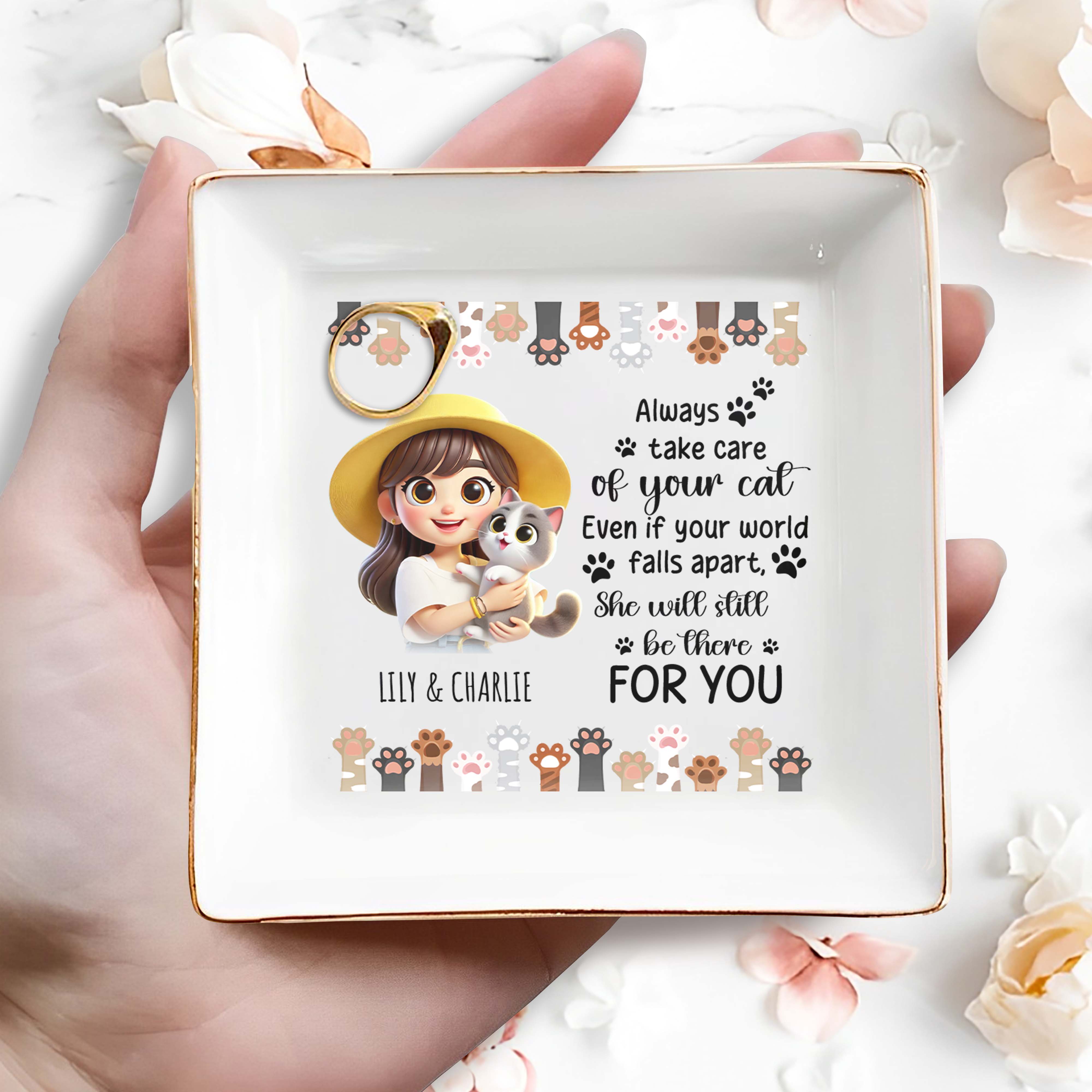 Always Take Care Of Your Cat Custom Jewelry Dish - Personalized Custom Jewelry Dish - PET029_SCRD