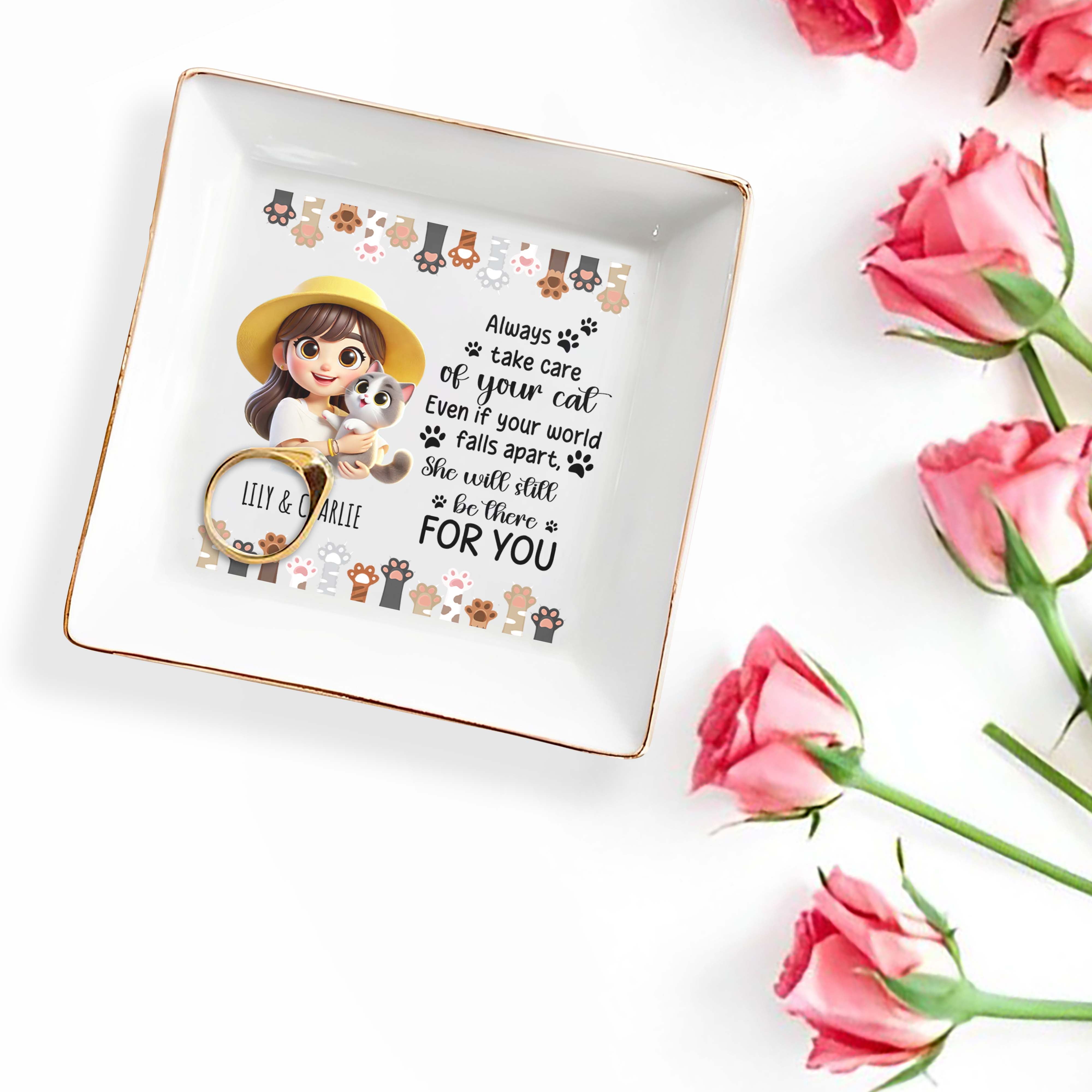Always Take Care Of Your Cat Custom Jewelry Dish - Personalized Custom Jewelry Dish - PET029_SCRD