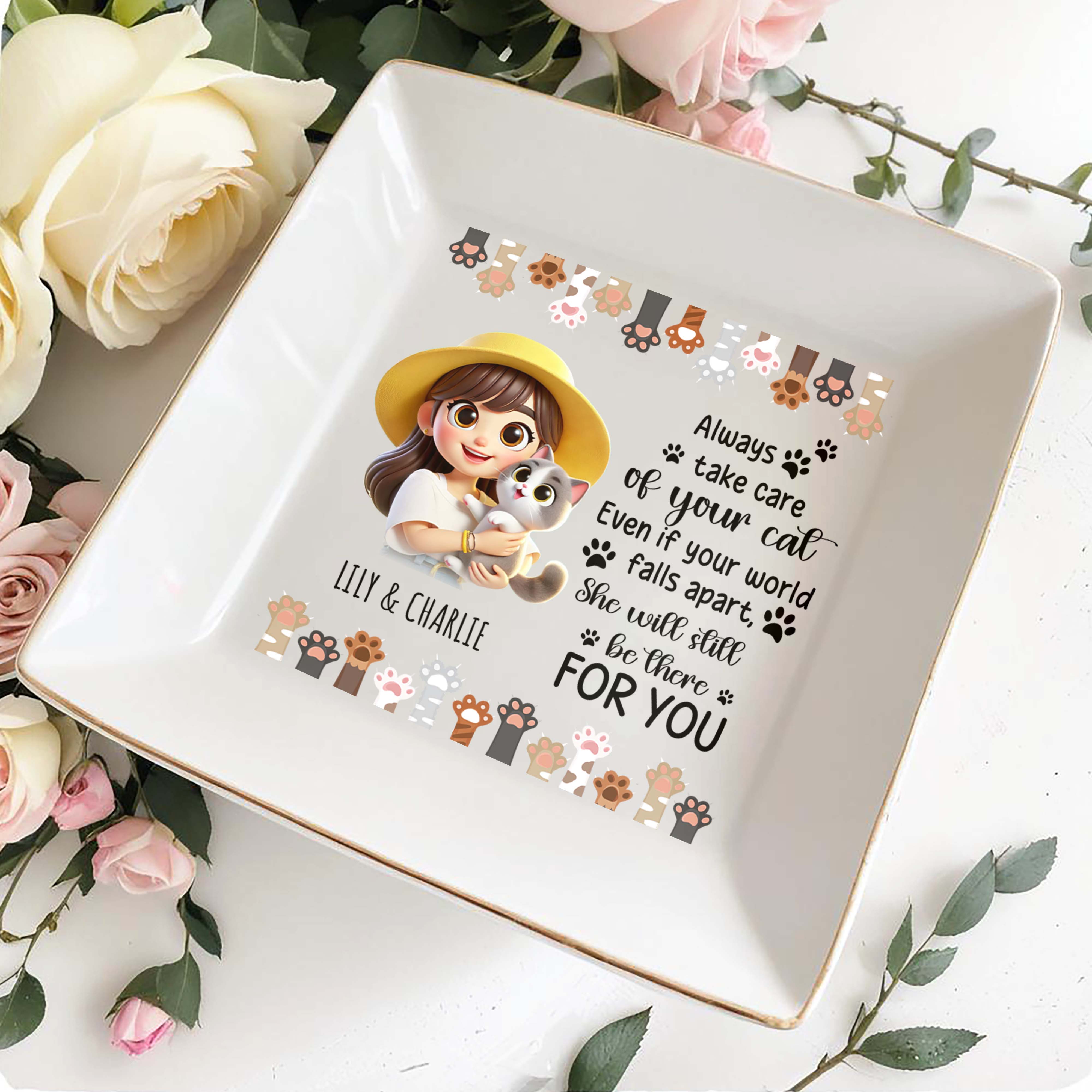 Always Take Care Of Your Cat Custom Jewelry Dish - Personalized Custom Jewelry Dish - PET029_SCRD