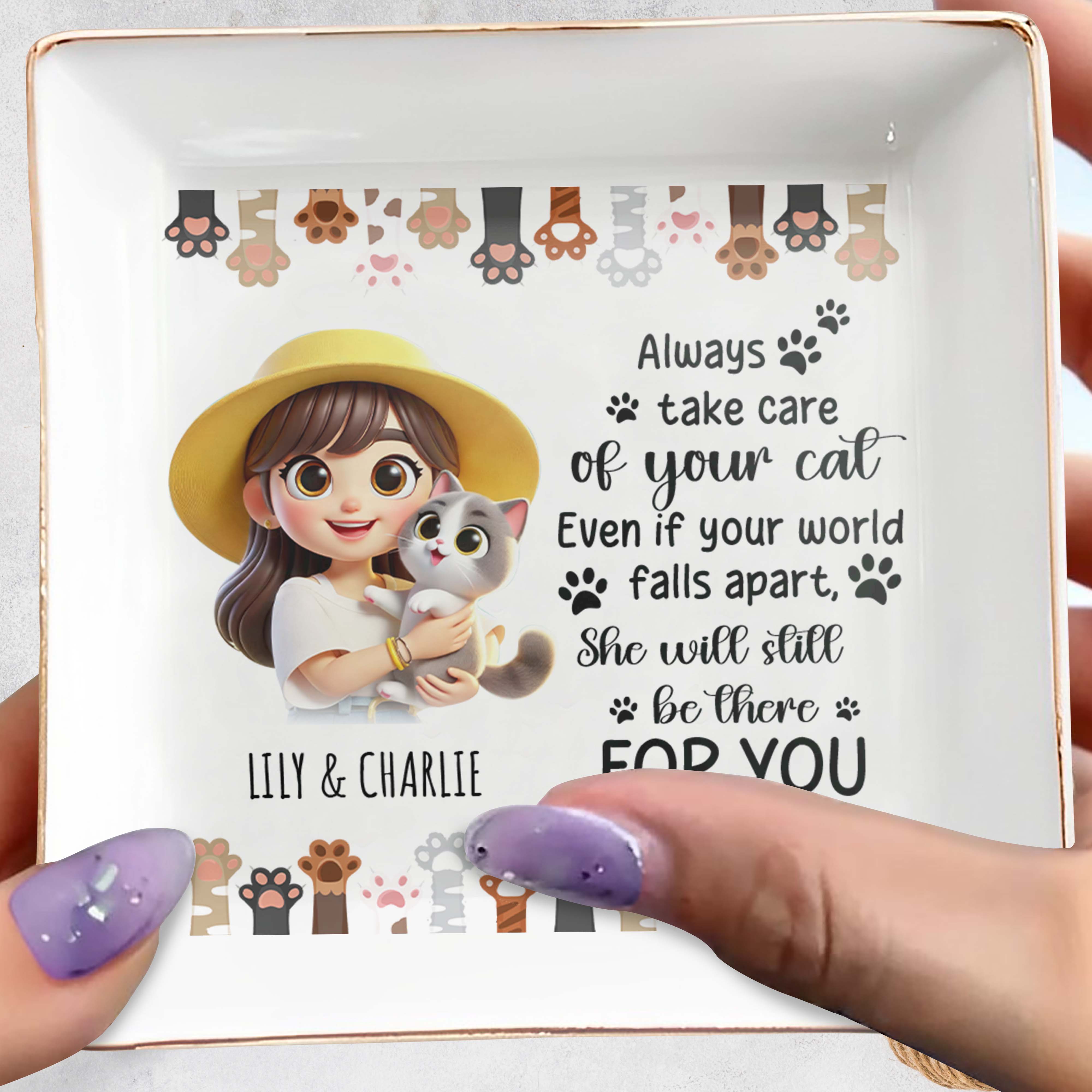Always Take Care Of Your Cat Custom Jewelry Dish - Personalized Custom Jewelry Dish - PET029_SCRD