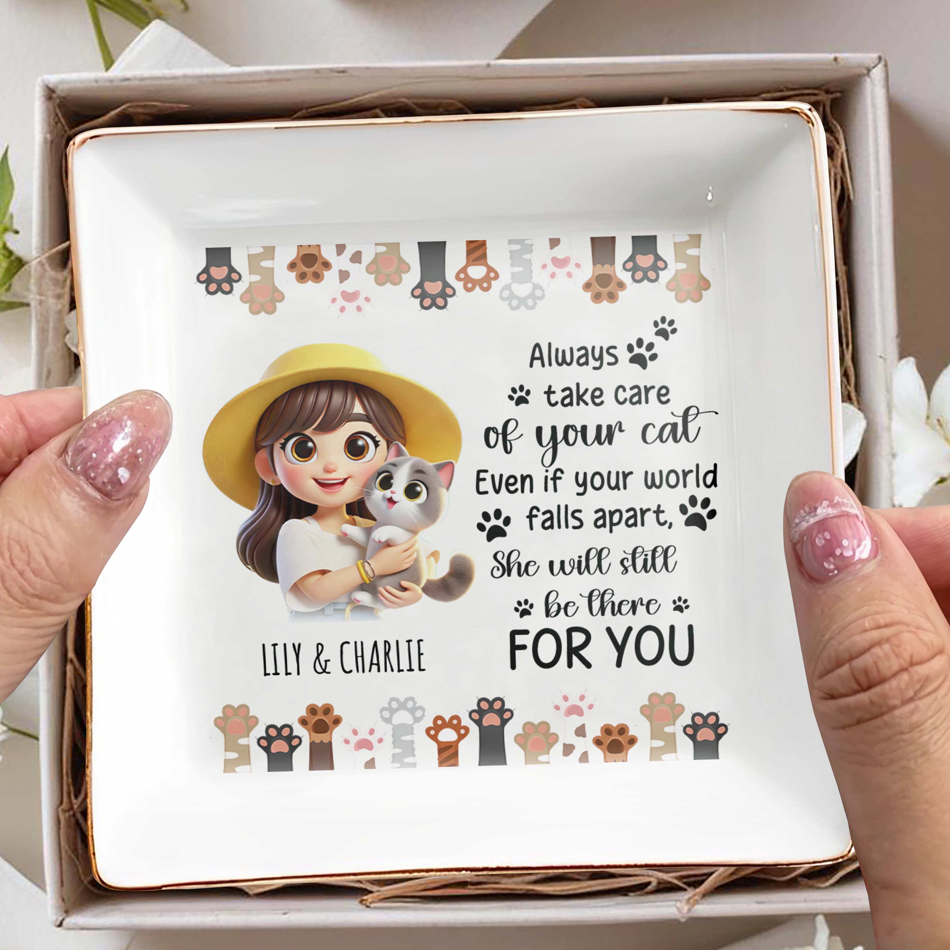 Always Take Care Of Your Cat Custom Jewelry Dish - Personalized Custom Jewelry Dish - PET029_SCRD